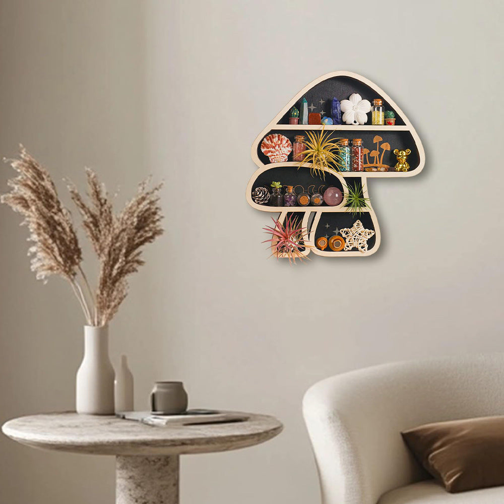Creative wooden mushroom wall shelf from cjdropshipping, whimsical woodland display rack for home décor and storage.