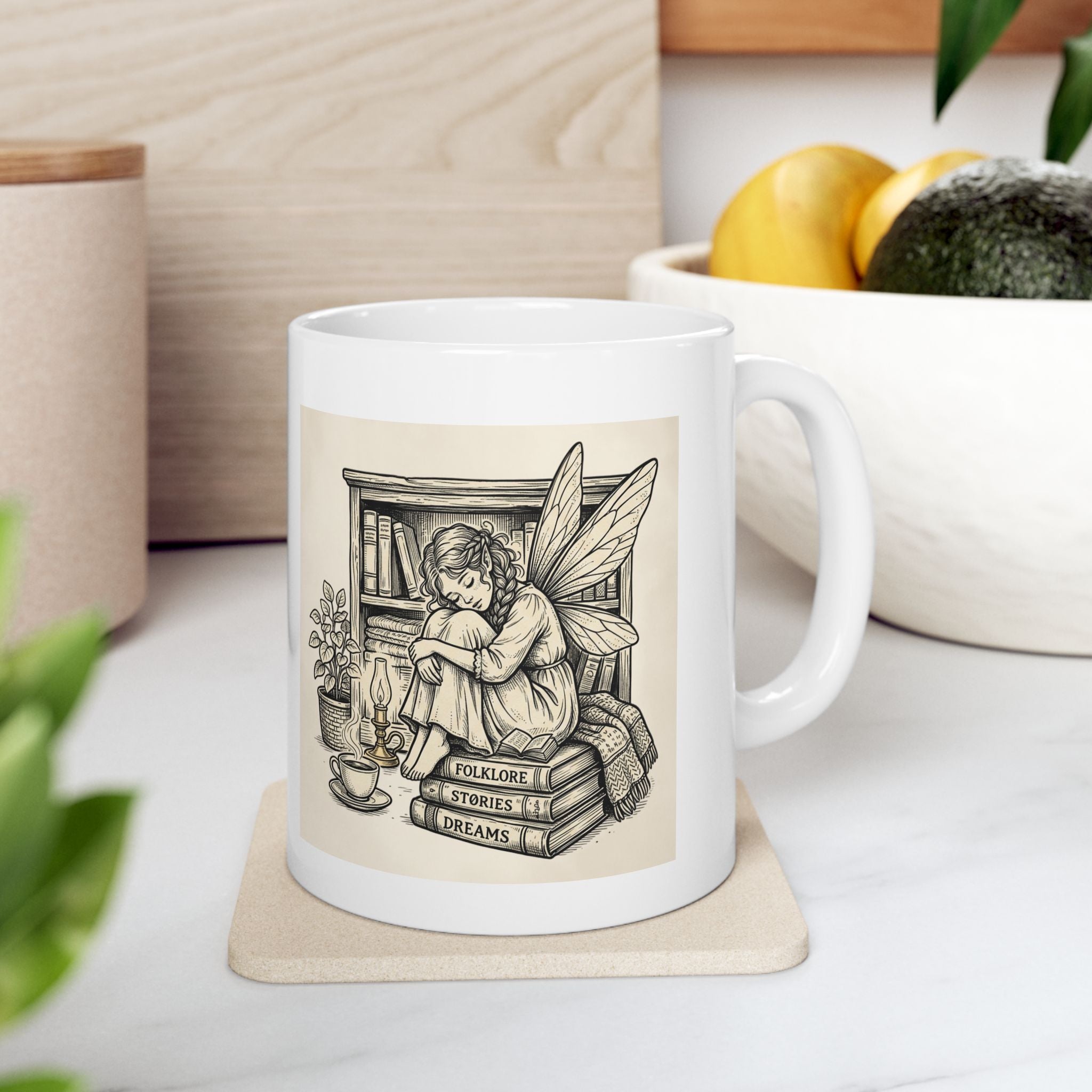 Ceramic mug with "Stories are my safe place" quote, 11oz or 15oz size, featuring a fairy and book-themed design.