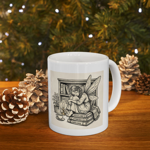 Ceramic mug with "Stories are my safe place" Bookish Fairy design, 11oz or 15oz capacity, ideal for literature lovers.