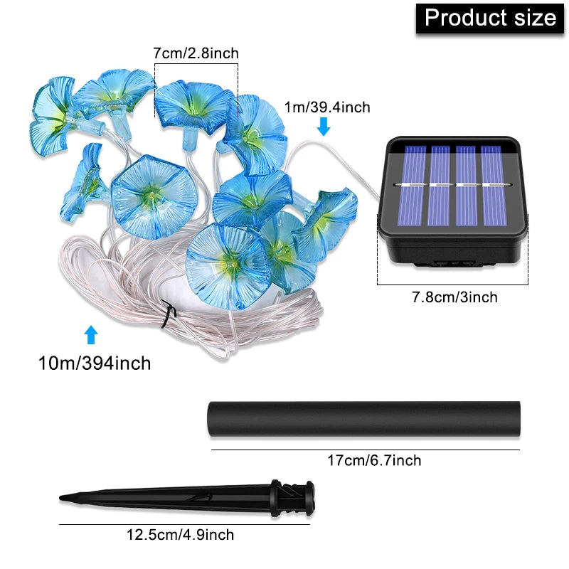 Solar Morning Glory Fairy Garden Lights with 10 LED floral glow, decorative outdoor lighting for garden and holiday decor.