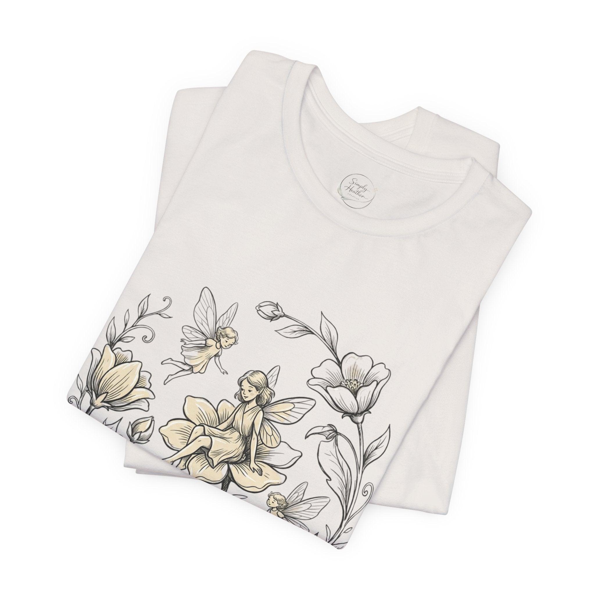 Vintage floral and fairy graphic T-shirt from Printify featuring botanical flower and fairy design on casual tee
