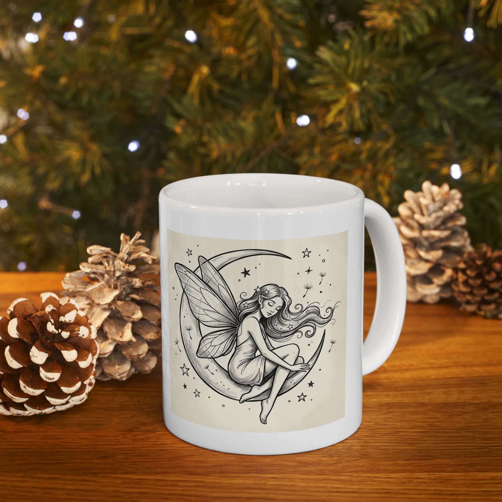 Ceramic butterfly moon fairy coffee mug with floral design, available in 11oz and 15oz sizes, by Printify.