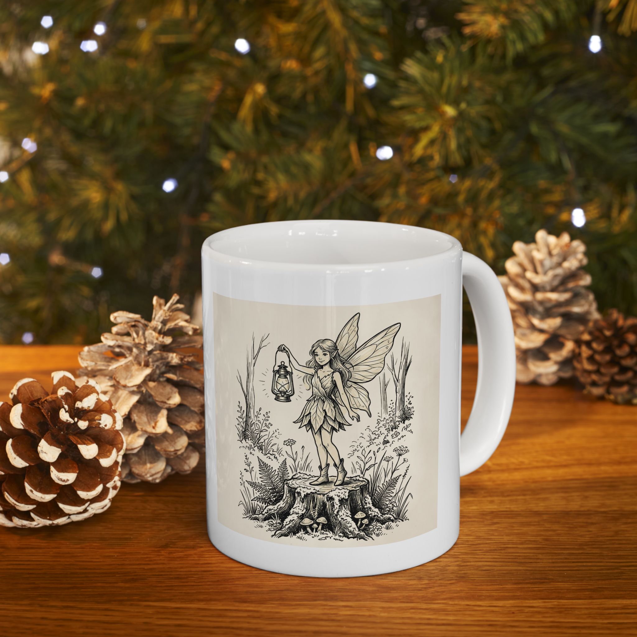 Vintage Woodland Fairy coffee mug by Printify with "I'm not lost, I'm exploring" text, featuring a whimsical fairy design.