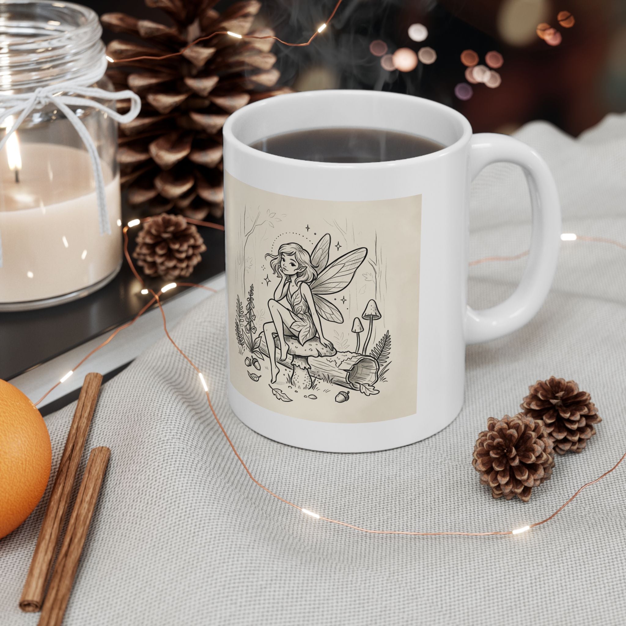 Vintage Fairy Sketch ceramic coffee mug by Printify, 11oz or 15oz, featuring a whimsical fairy design on a white mug.