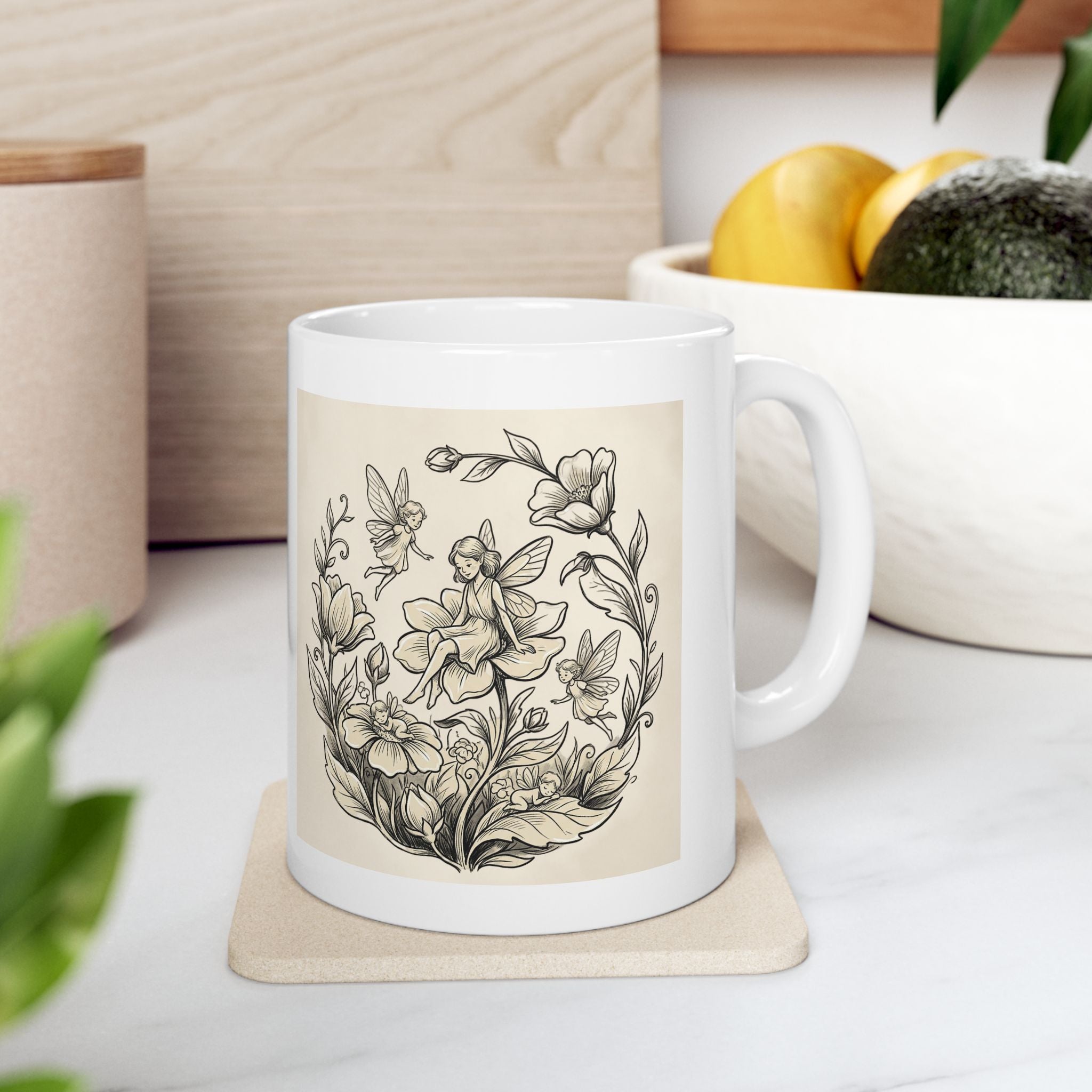 Ceramic floral fairy mug with vintage botanical design, available in 11oz and 15oz sizes, by Printify.
