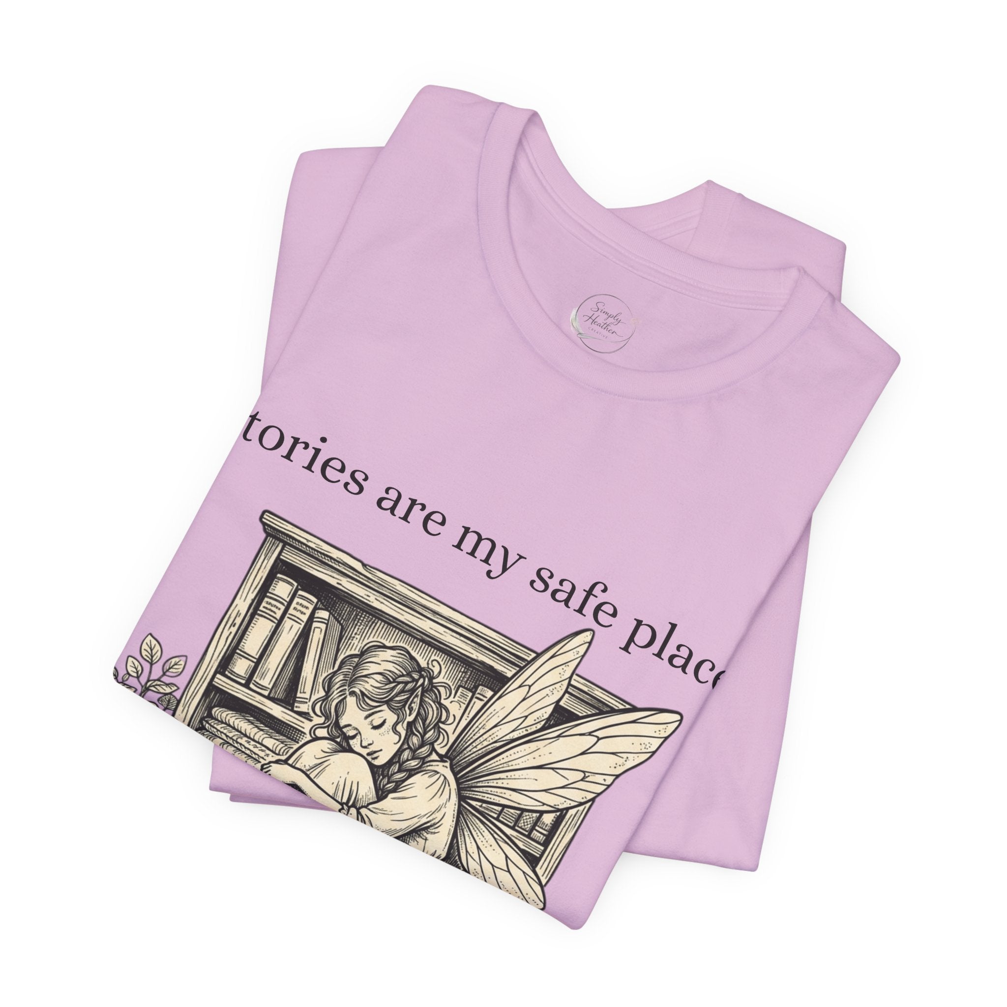 Fairy reading booklover T-shirt featuring "Stories Are My Safe Place" printed design, casual graphic tee for book enthusiasts.