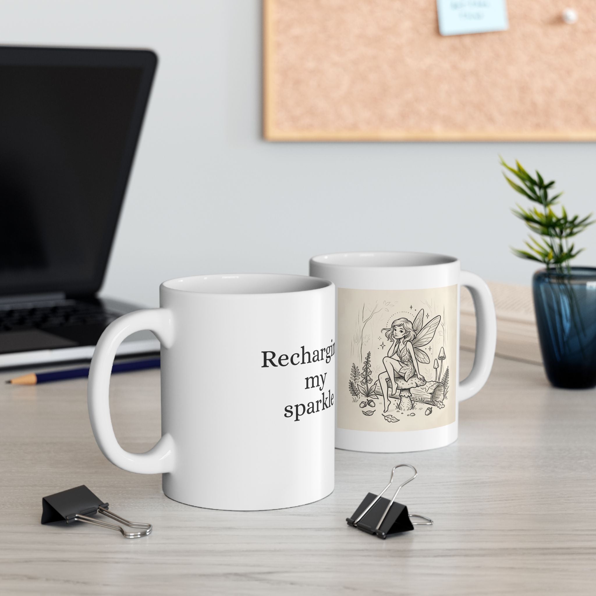 Vintage fairy sketch ceramic coffee mug by Printify, 11oz or 15oz, featuring an artistic fairy design on a white mug.