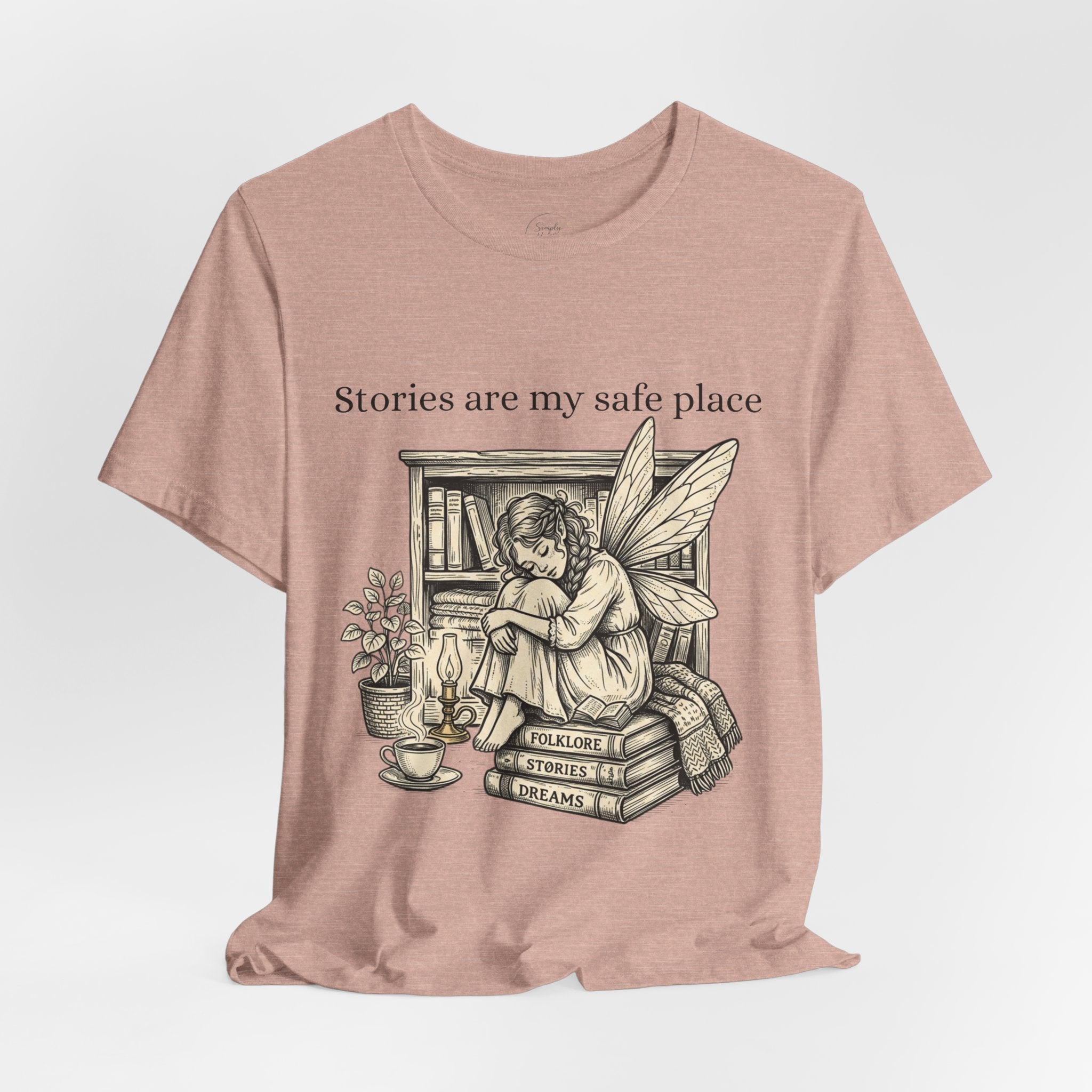 Fairy reading booklover t-shirt with "Stories Are My Safe Place" slogan, soft cotton Printify tee for book enthusiasts