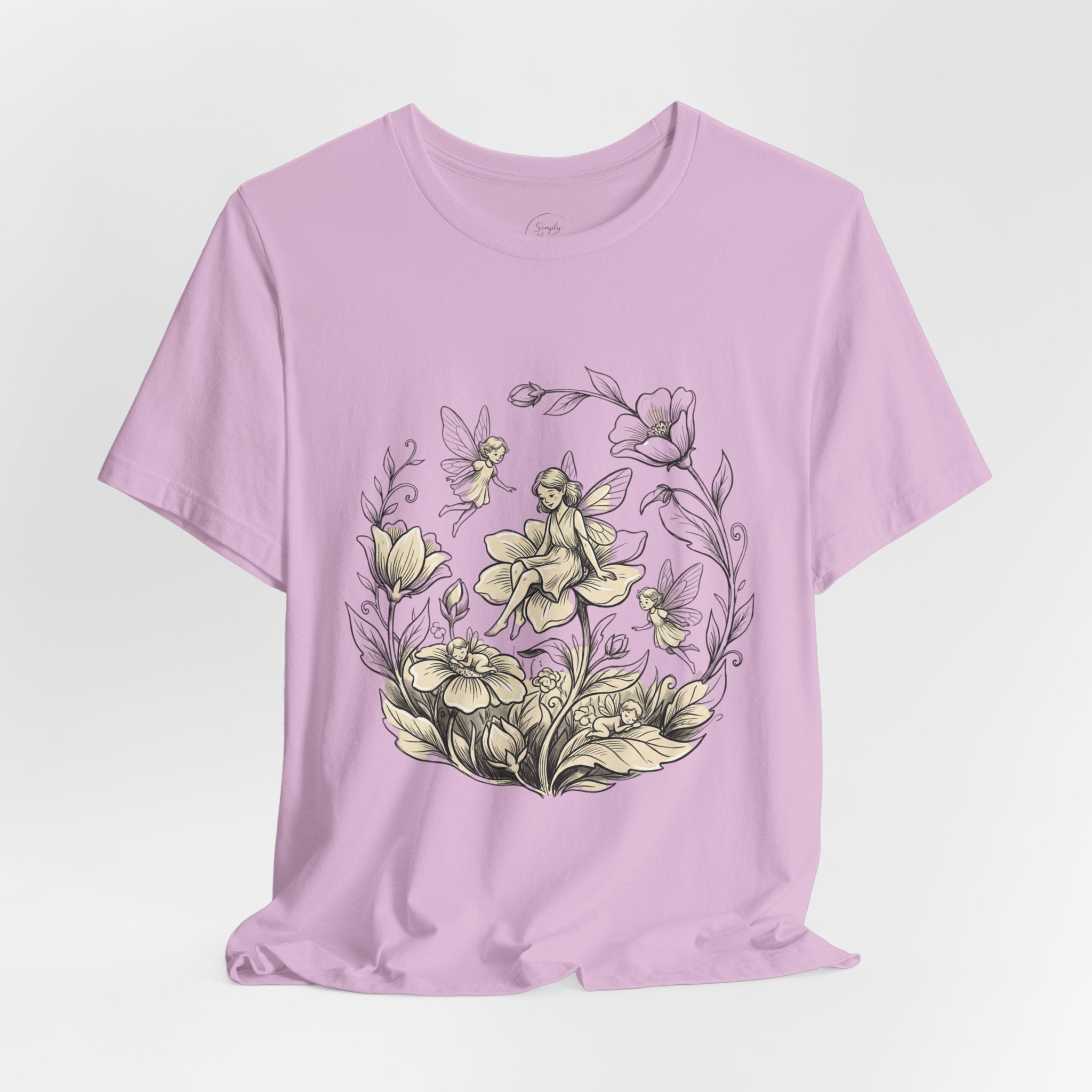 Vintage floral fairy garden T-shirt with botanical flower and fairy graphic, by Printify, showcasing colorful nature-inspired design.