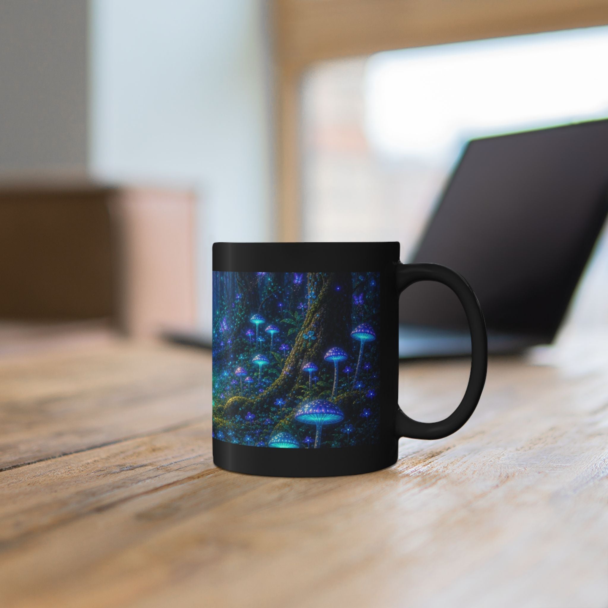 Mystical Forest Mushroom Black Mug – Glowing Fantasy Nightscape Coffee Cup (11oz/15oz) Printify