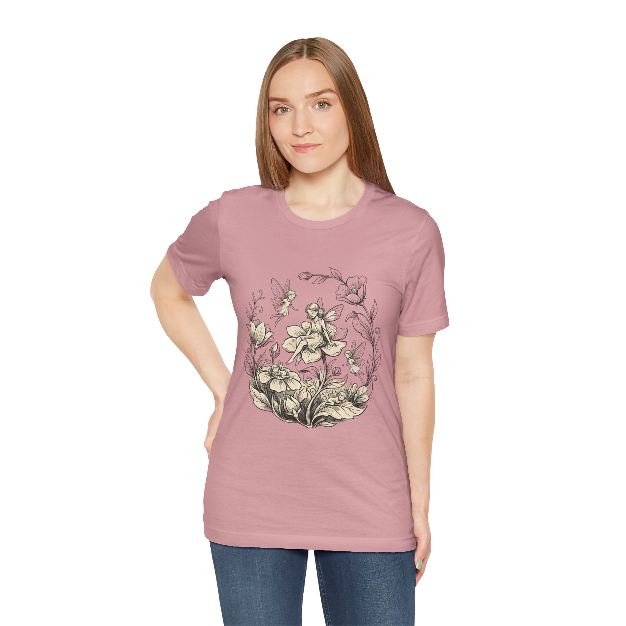 Vintage floral fairy garden T-shirt by Printify featuring botanical flower and fairy graphic on a casual tee.