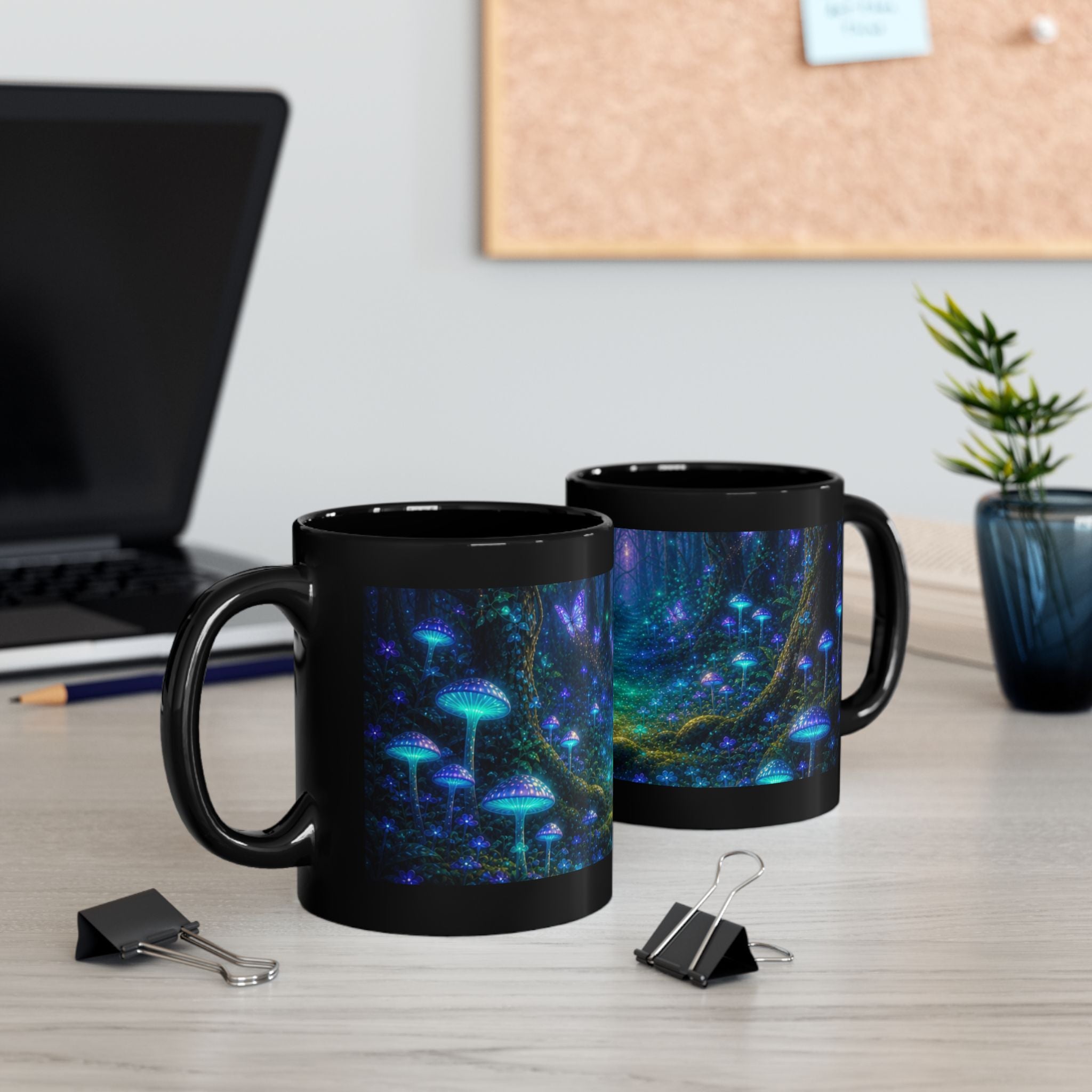Mystical Forest Mushroom Black Mug – Glowing Fantasy Nightscape Coffee Cup (11oz/15oz) Printify