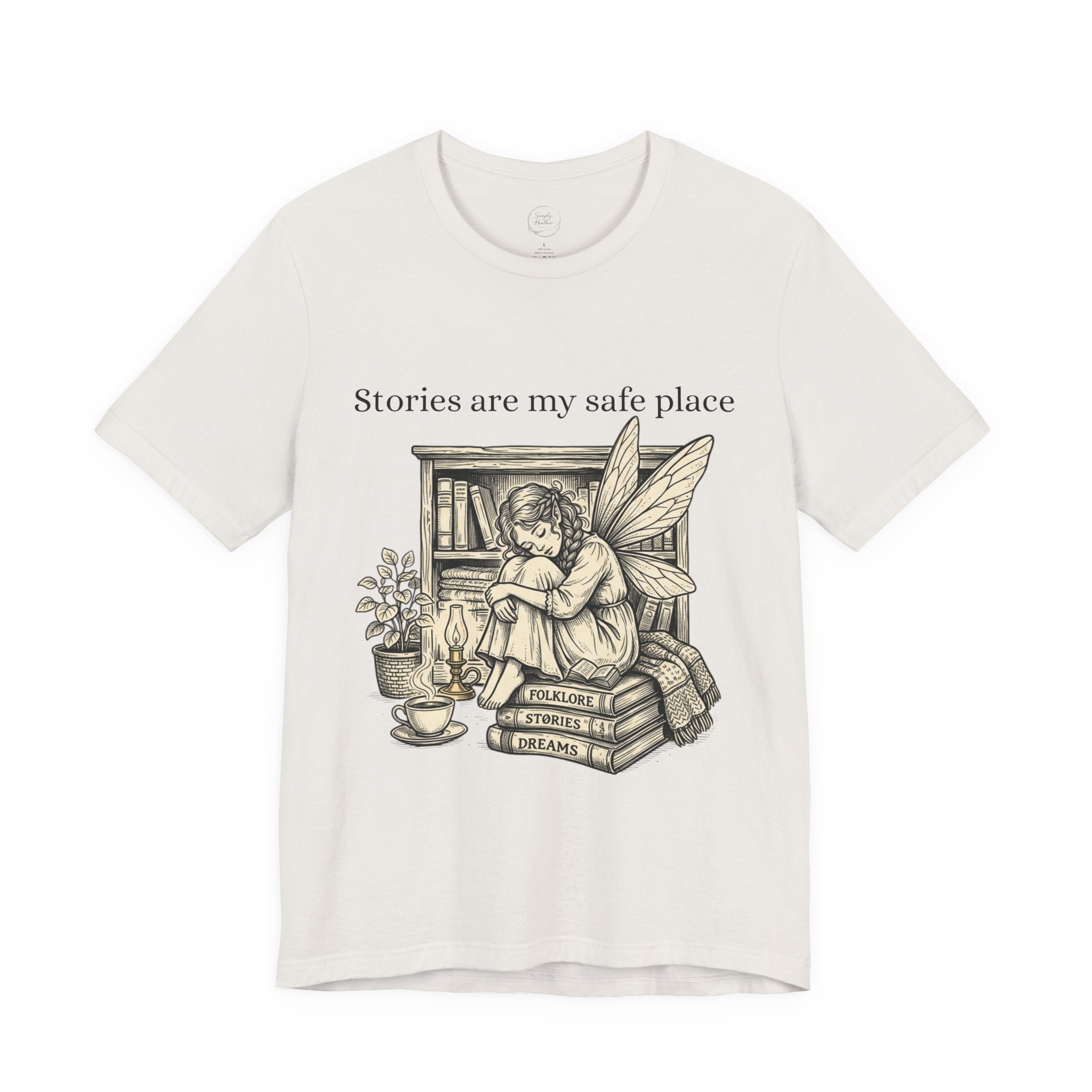 Fairy reading booklover T-shirt with "Stories Are My Safe Place" slogan, casual graphic tee for book lovers.
