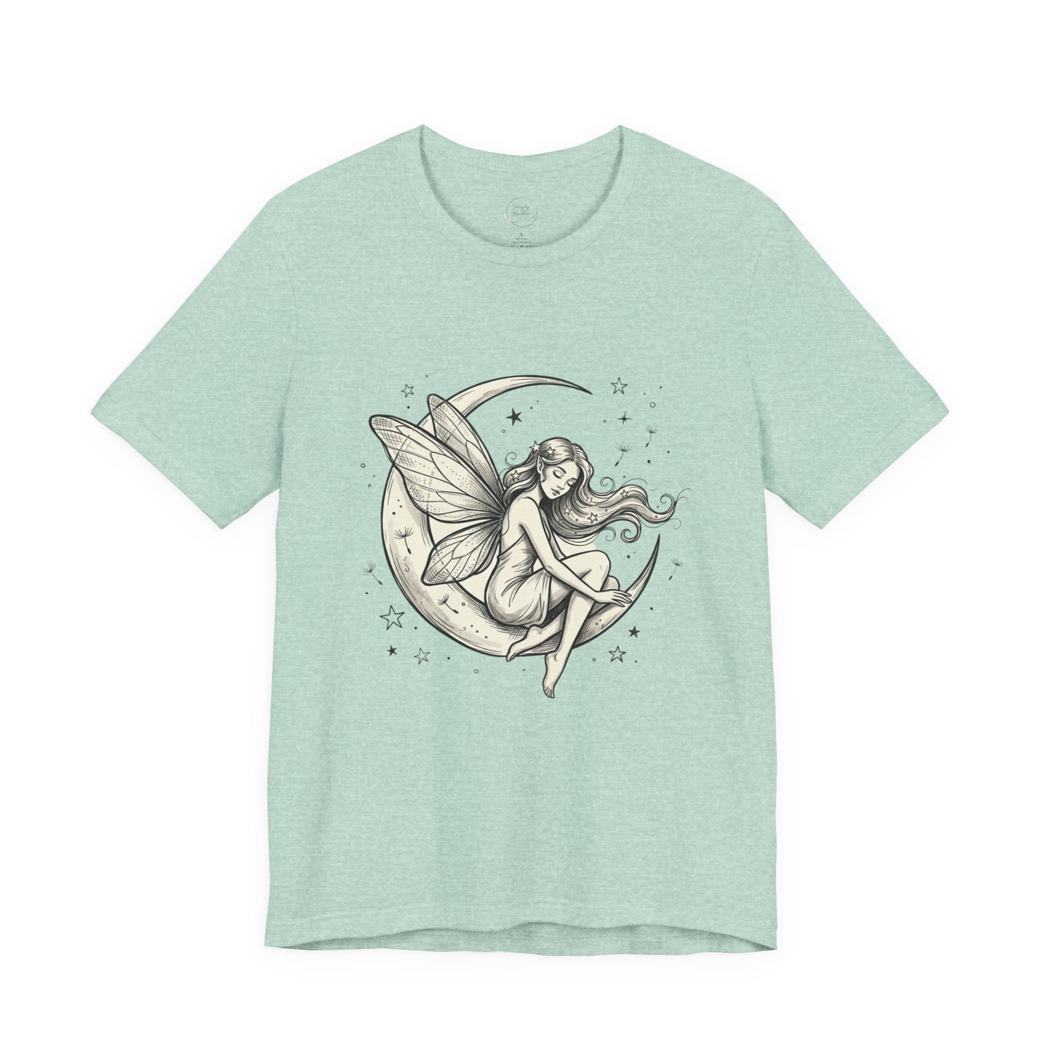 Whimsical Moon Fairy T-Shirt with celestial graphic print, featuring a fairy and moon design on a Printify T-shirt.