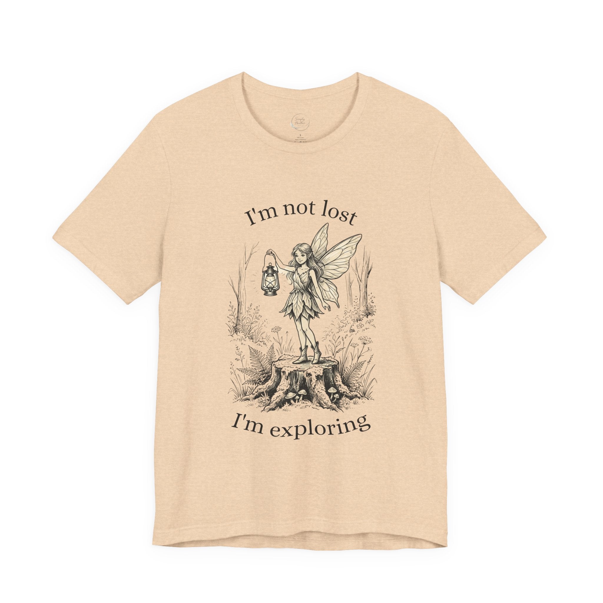 Pink graphic T-shirt for girls with "I’m Not Lost, I’m Exploring" slogan, featuring a fairy illustration, from Printify.
