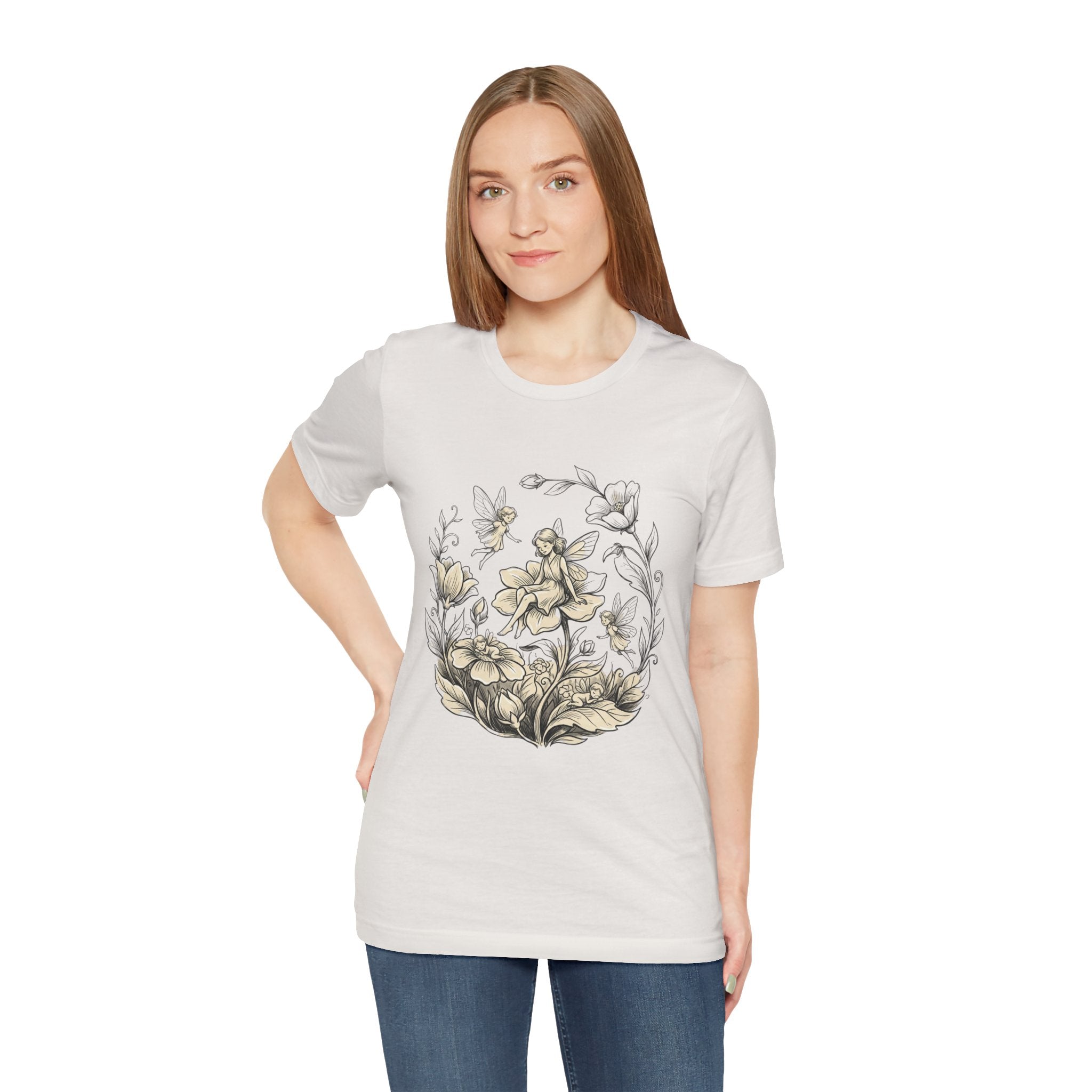 Vintage floral fairy garden T-shirt by Printify featuring botanical flower and fairy graphic design on soft fabric.