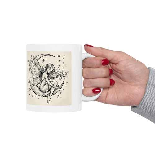 Ceramic butterfly moon fairy mug by Printify, 11oz or 15oz coffee cup with whimsical fairy and moon design.