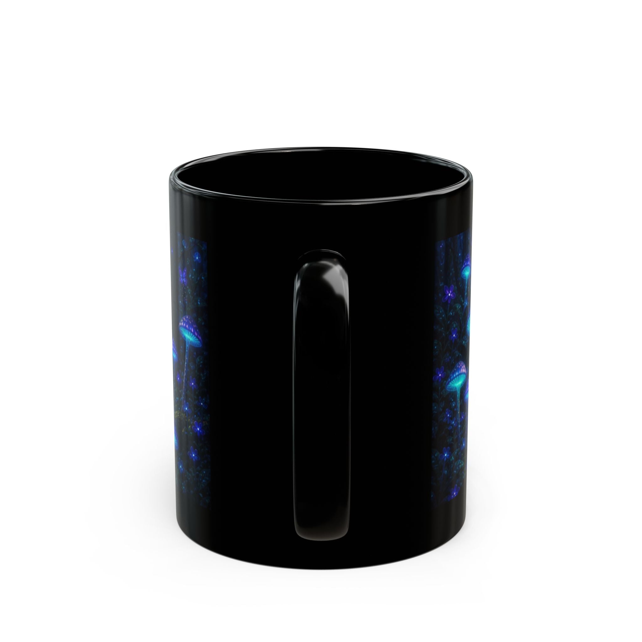 Mystical Forest Mushroom Black Mug – Glowing Fantasy Nightscape Coffee Cup (11oz/15oz) Printify