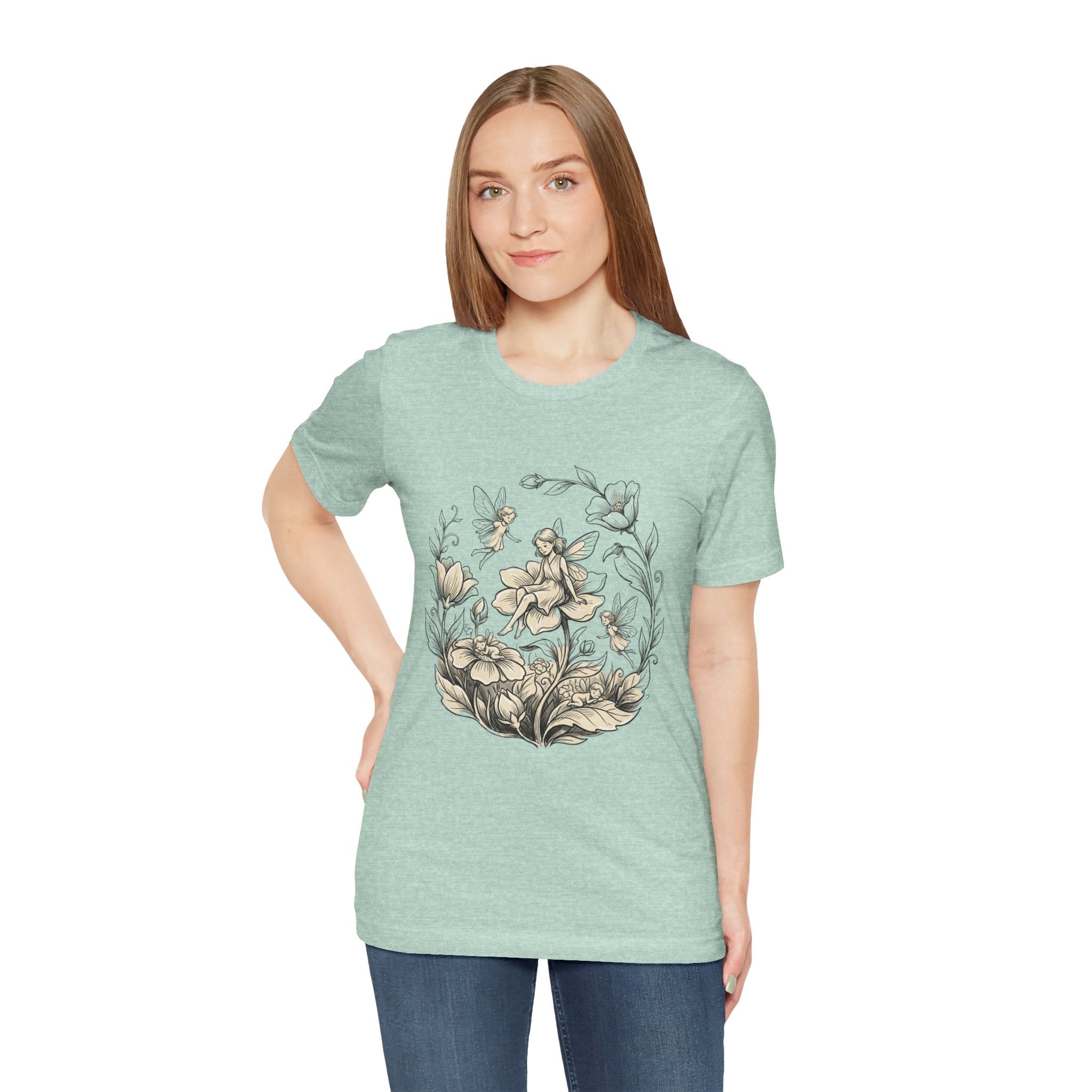 Vintage Floral Fairy Garden T-shirt by Printify featuring botanical flowers and fairy graphic on soft fabric.