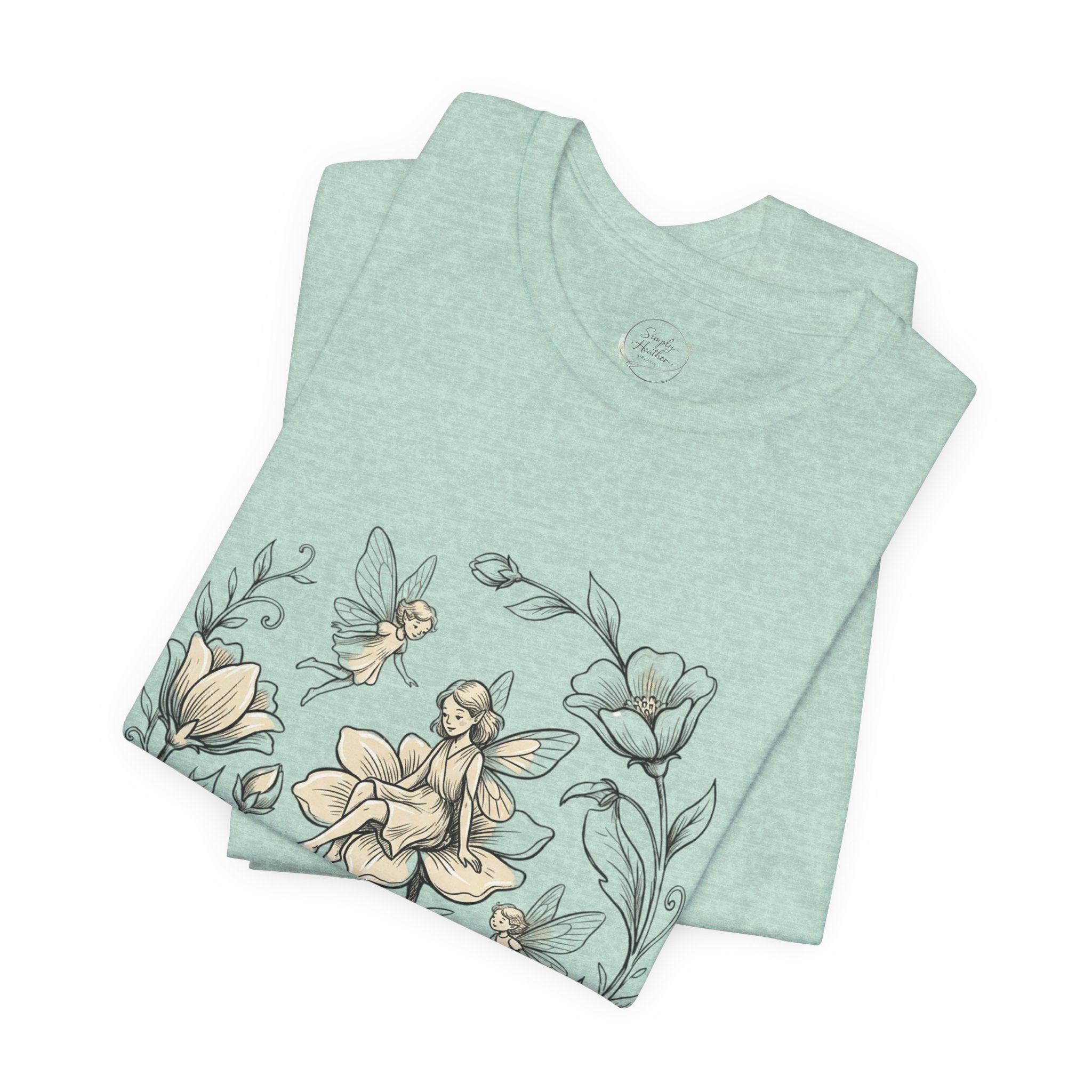 Vintage floral fairy garden T-shirt with botanical flower and fairy graphic, by Printify, featuring colorful, whimsical nature-inspired design.