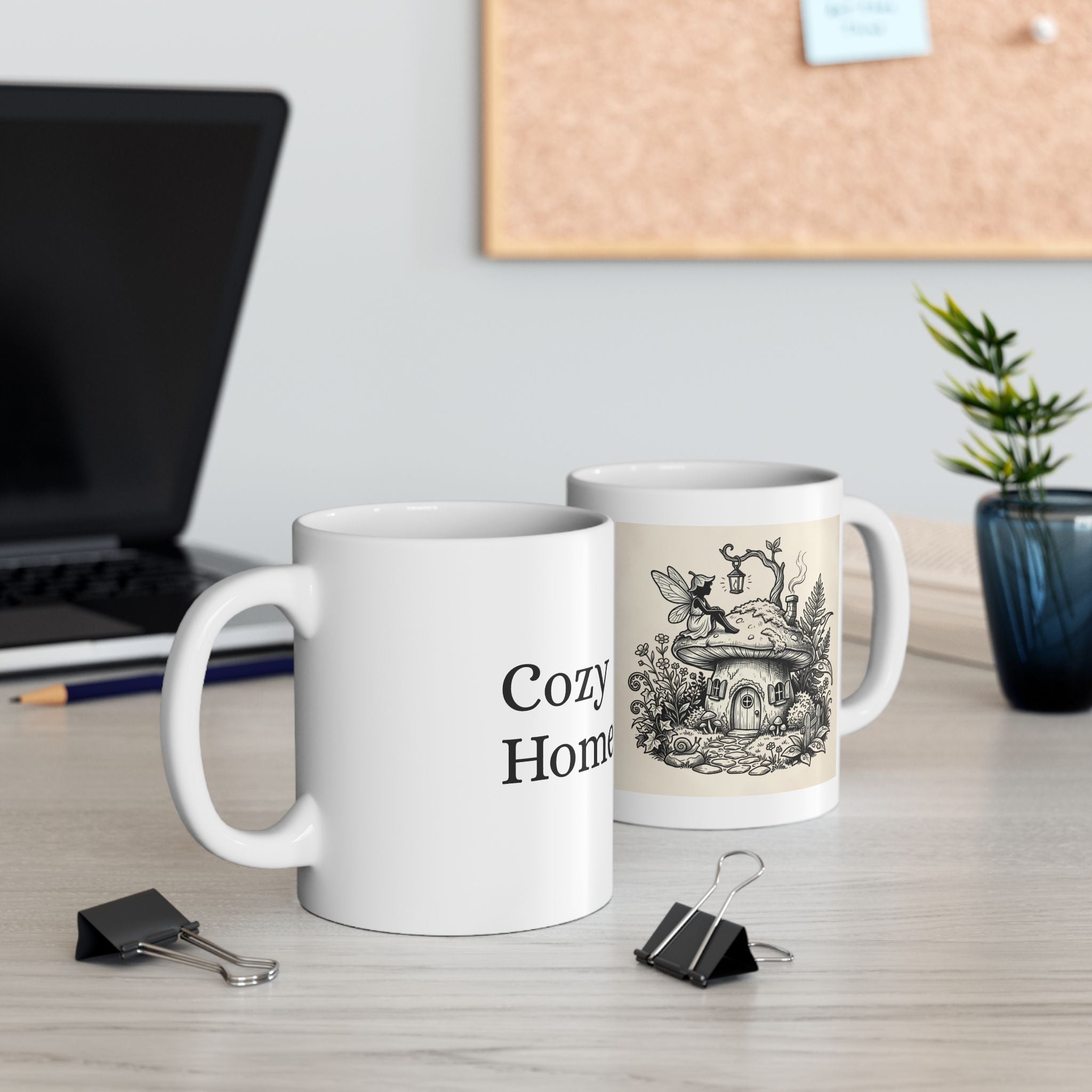 Fairy Cottage ceramic mug with vintage mushroom house illustration, 11oz or 15oz Printify coffee cup on a white background.