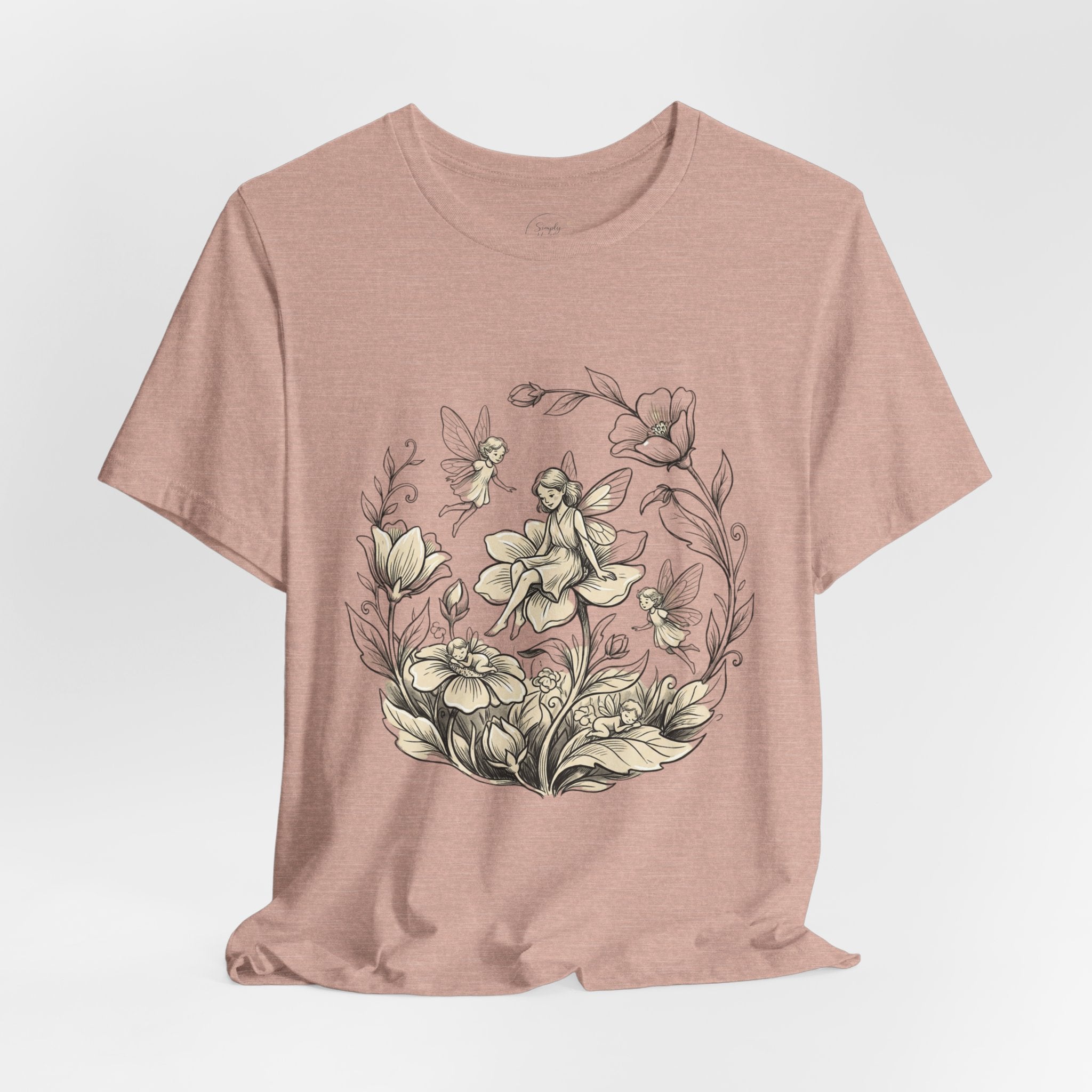 Vintage Floral Fairy Garden T-Shirt with botanical flower and fairy graphic, featuring colorful nature-inspired artwork.
