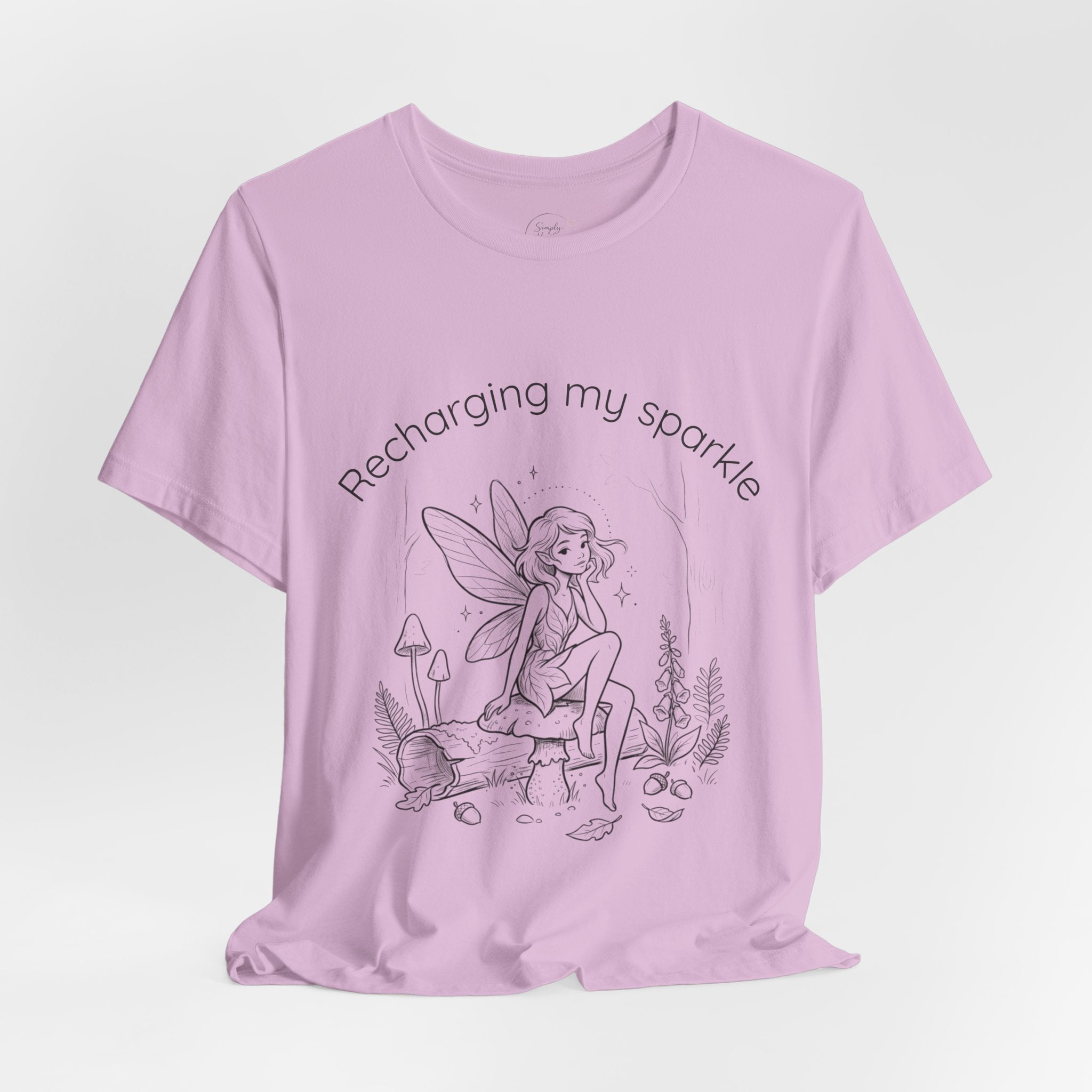 Vintage fairy graphic T-shirt with "Recharging My Sparkle" slogan, featuring colorful fairy illustration on a Printify T-shirt.