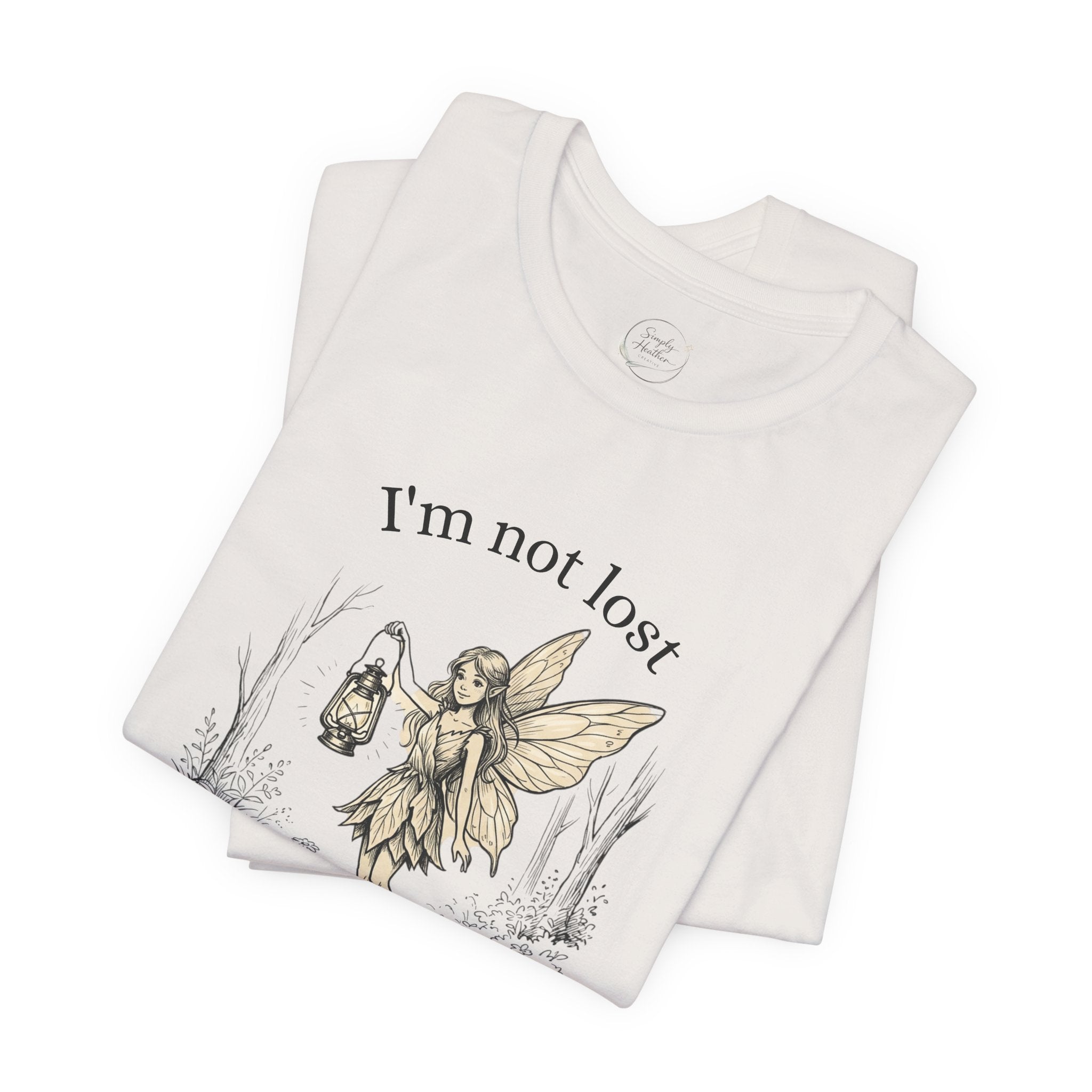 Fairy Exploration T-Shirt featuring "I’m Not Lost, I’m Exploring" graphic print, casual cotton tee for outdoor adventures.
