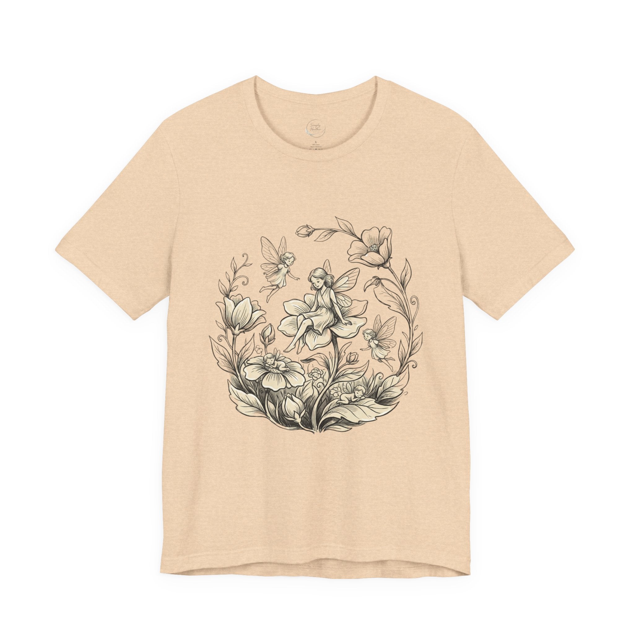 Vintage floral fairy garden T-shirt with botanical flower and fairy graphic, featuring colorful print on cotton fabric.