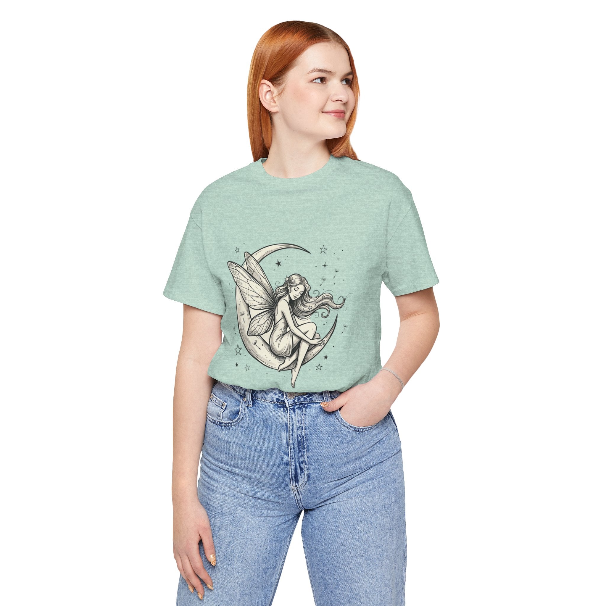 White Moon Fairy T-Shirt with whimsical celestial moon and fairy graphic print, casual tee by Printify.