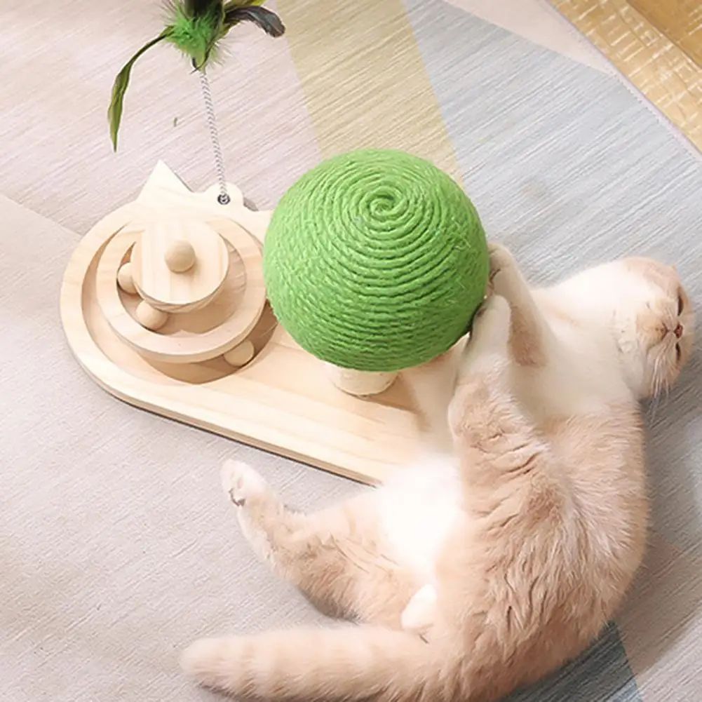 Wooden cat scratching post with sisal rope and interactive ball track, designed by 24 Hour Crafts for engaging feline play.