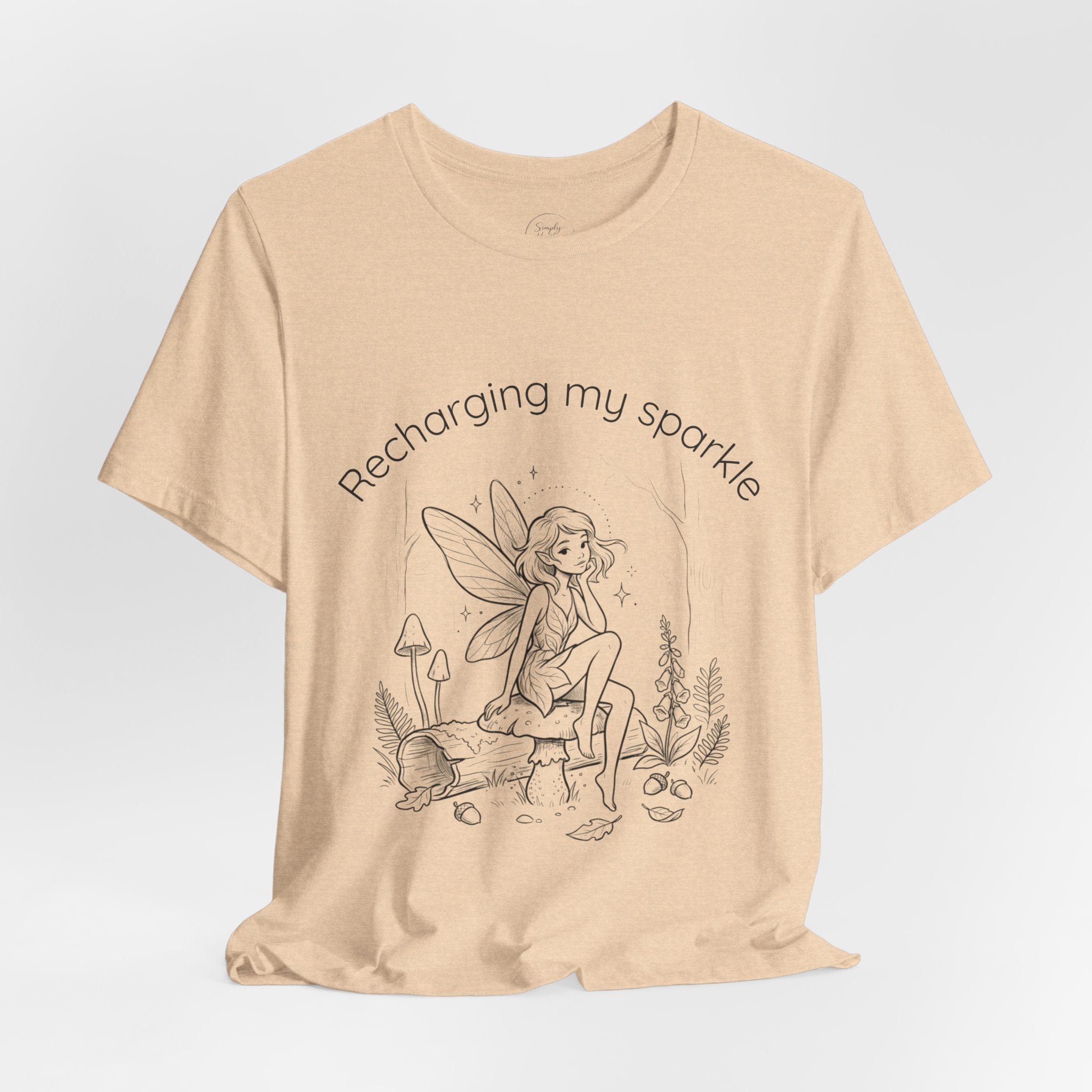 Vintage fairy graphic T-shirt with "Recharging My Sparkle" slogan, featuring a whimsical fairy design on a casual Printify tee.