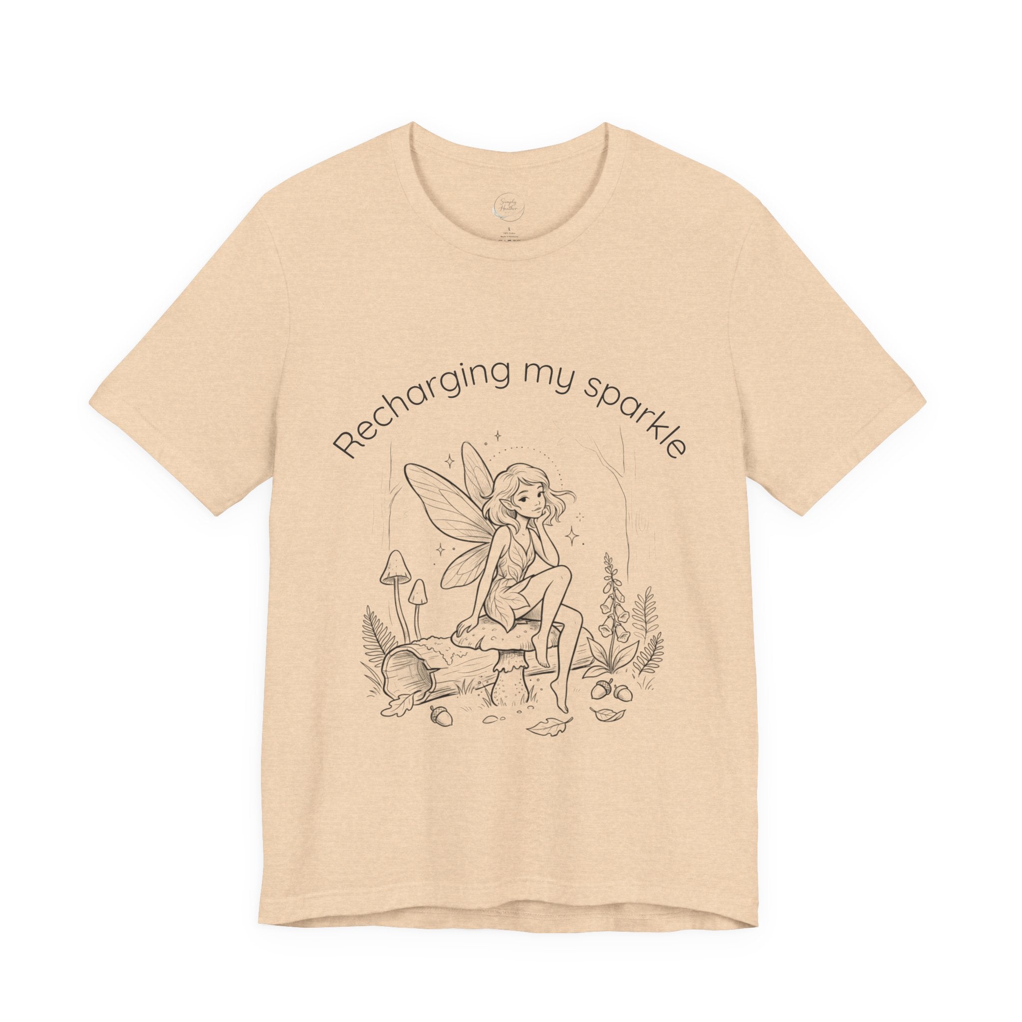 Vintage fairy graphic T-shirt with "Recharging My Sparkle" slogan, featuring a whimsical fairy design on a comfortable Printify tee.