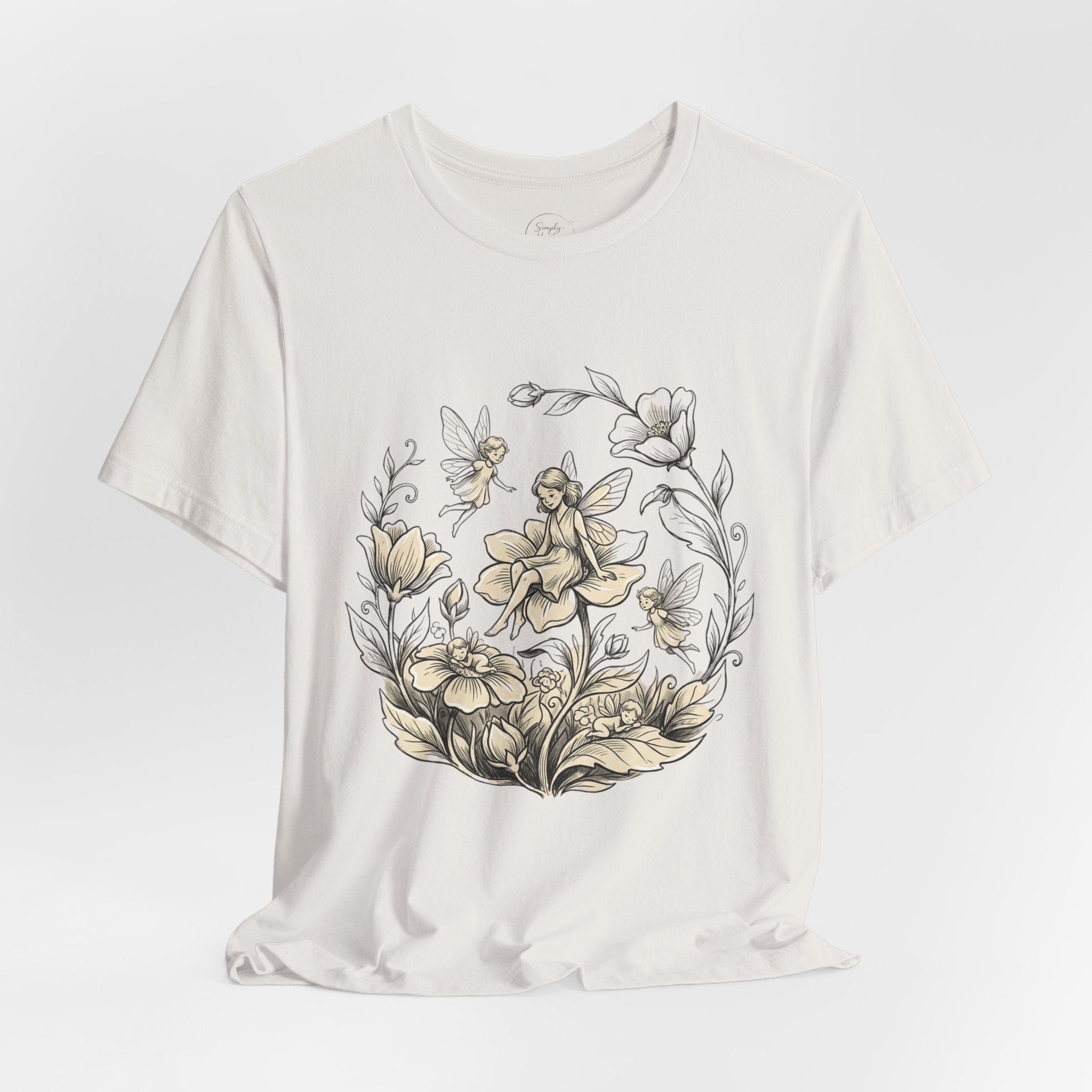 Vintage floral fairy garden T-shirt with botanical flower and fairy graphic, featuring Printify's whimsical design.