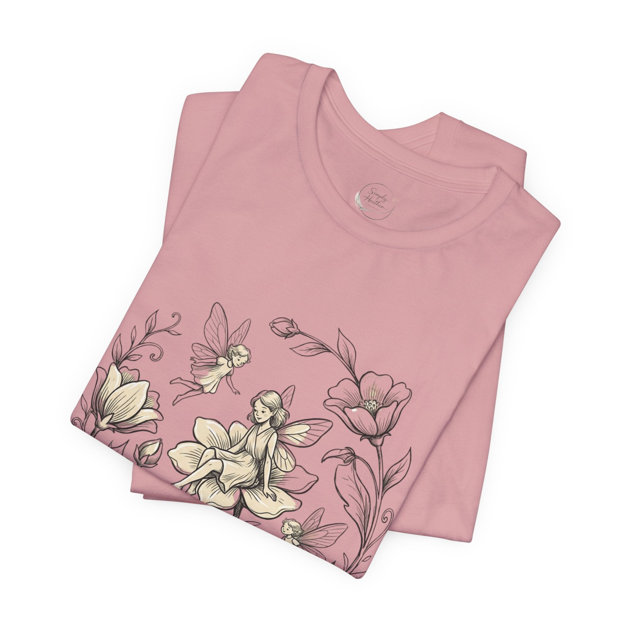 Vintage floral fairy garden T-shirt by Printify featuring botanical flower and fairy graphic design on soft fabric.