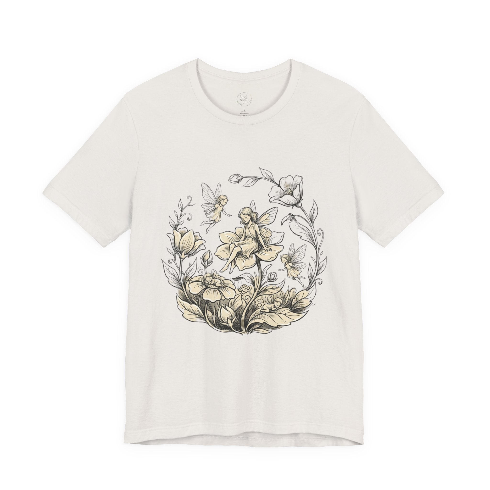 Vintage floral fairy garden T-shirt by Printify featuring botanical flower and fairy graphic on a casual tees