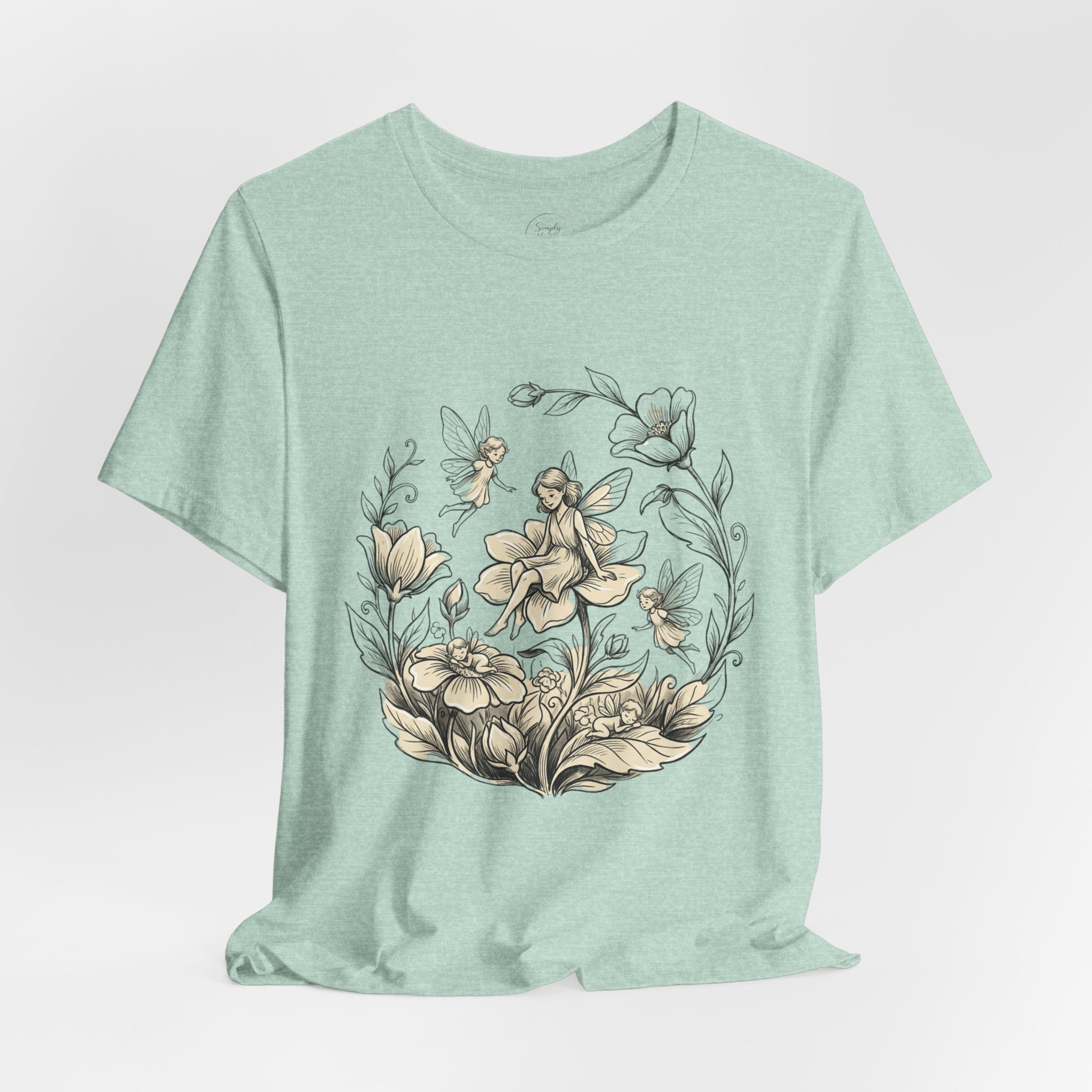 Vintage botanical floral fairy graphic T-shirt by Printify, featuring colorful flower and fairy design on soft fabric.