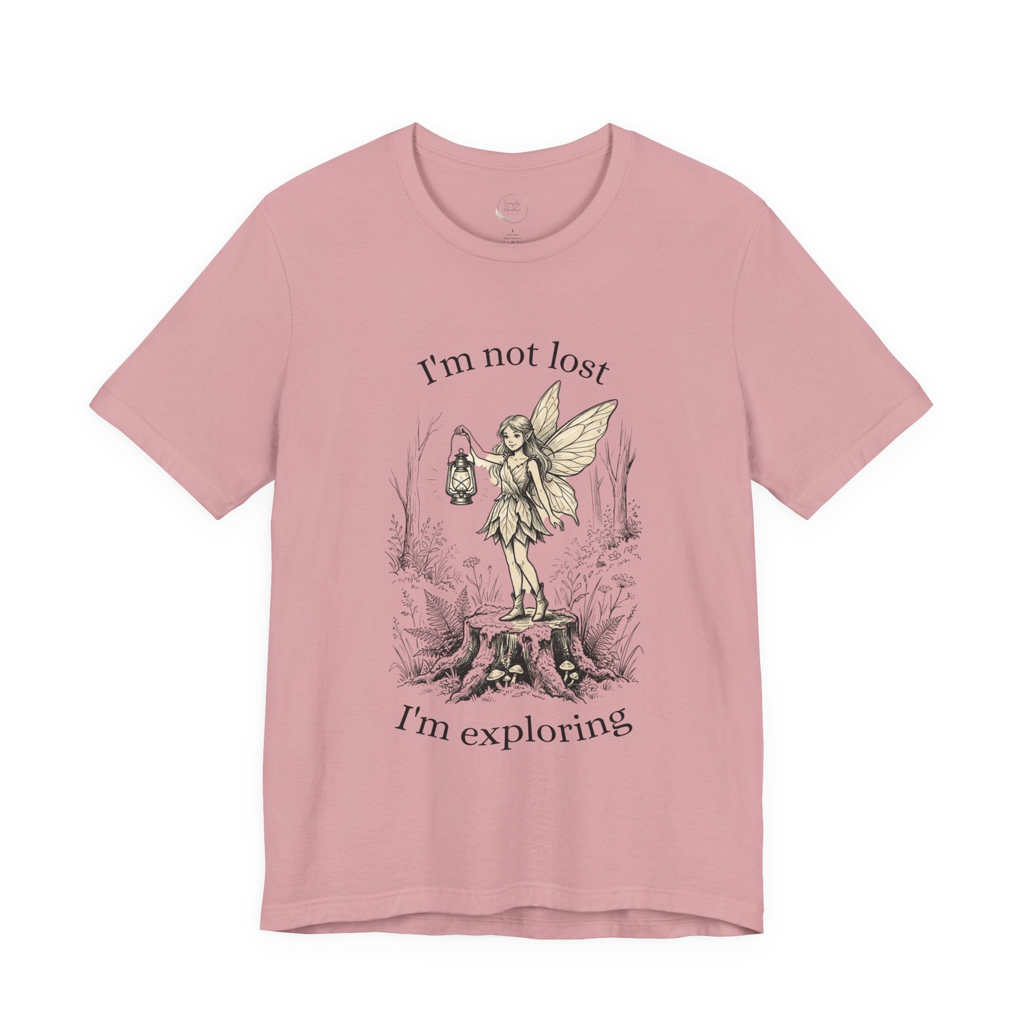 Fairy Exploration Tee by Printify featuring a graphic design with the text "I’m Not Lost, I’m Exploring" on a casual T-shirt.