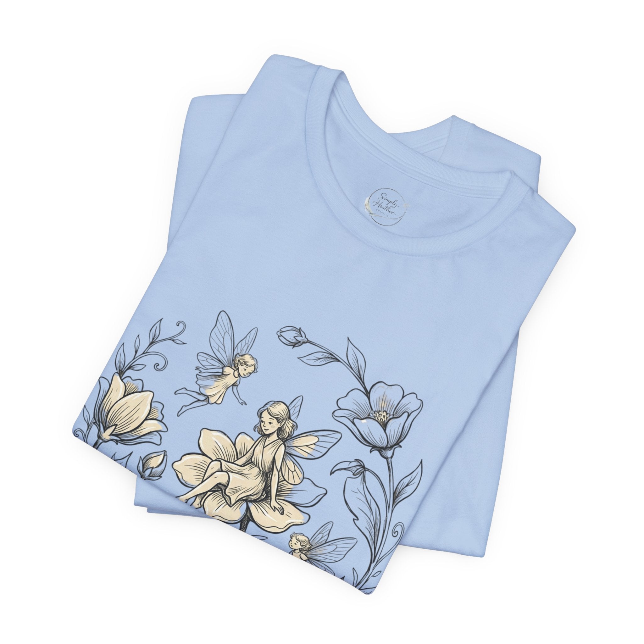 Vintage floral fairy garden T-shirt with botanical flower and fairy graphic, by Printify.