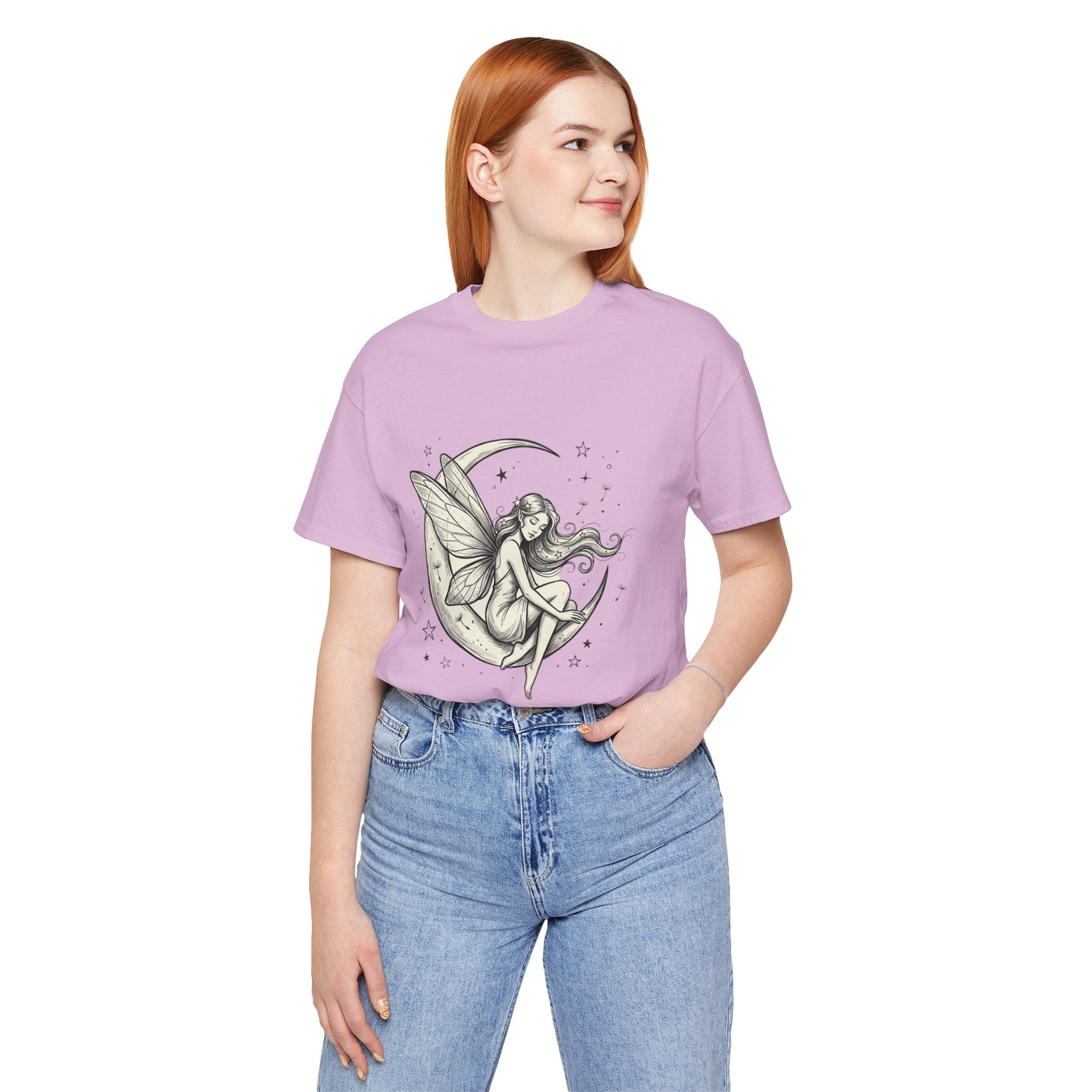 Moon Fairy T-Shirt with whimsical celestial moon and fairy graphic, soft cotton tee by Printify, perfect for celestial-inspired style.