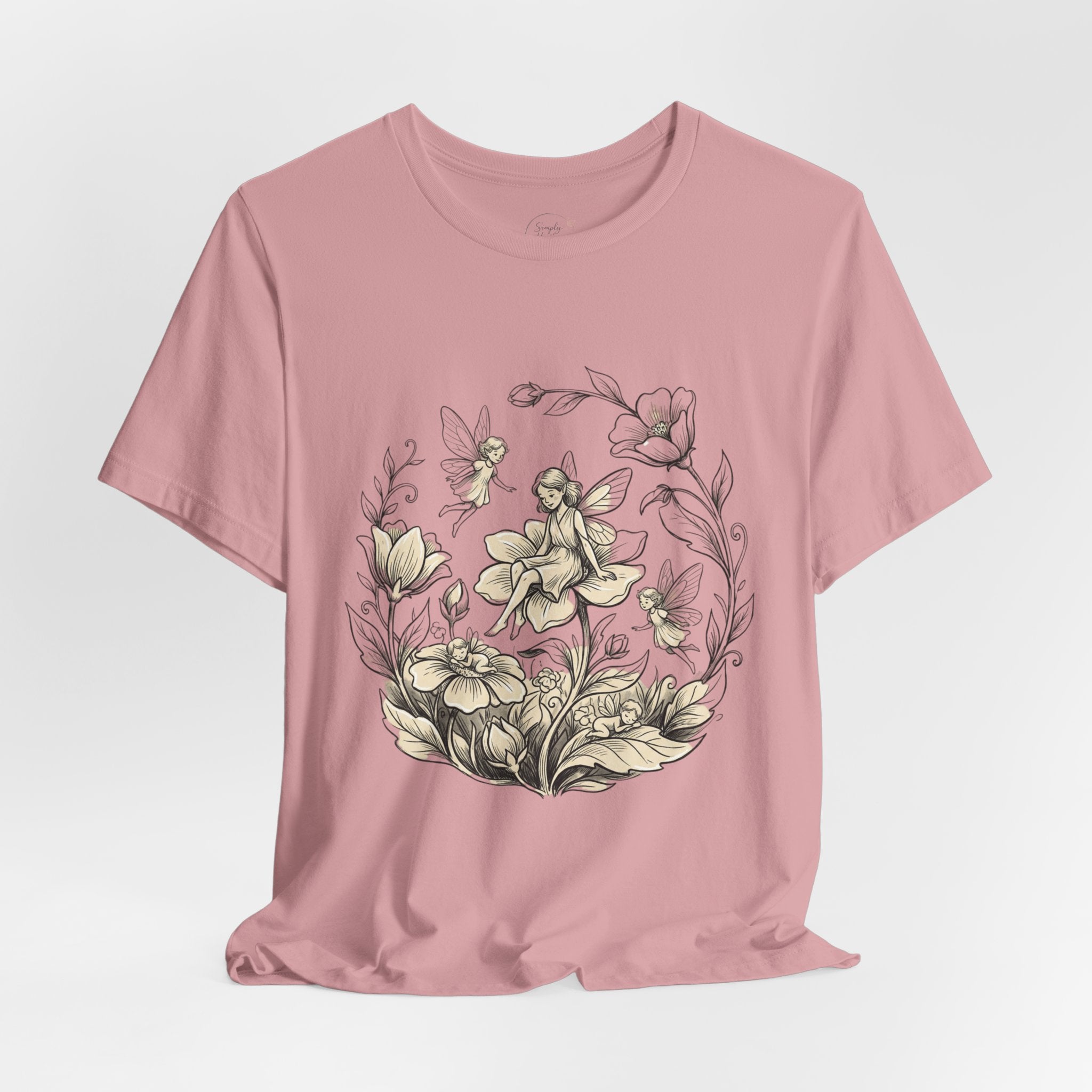 Vintage floral fairy garden T-shirt by Printify featuring botanical flower and fairy graphic on soft fabric.