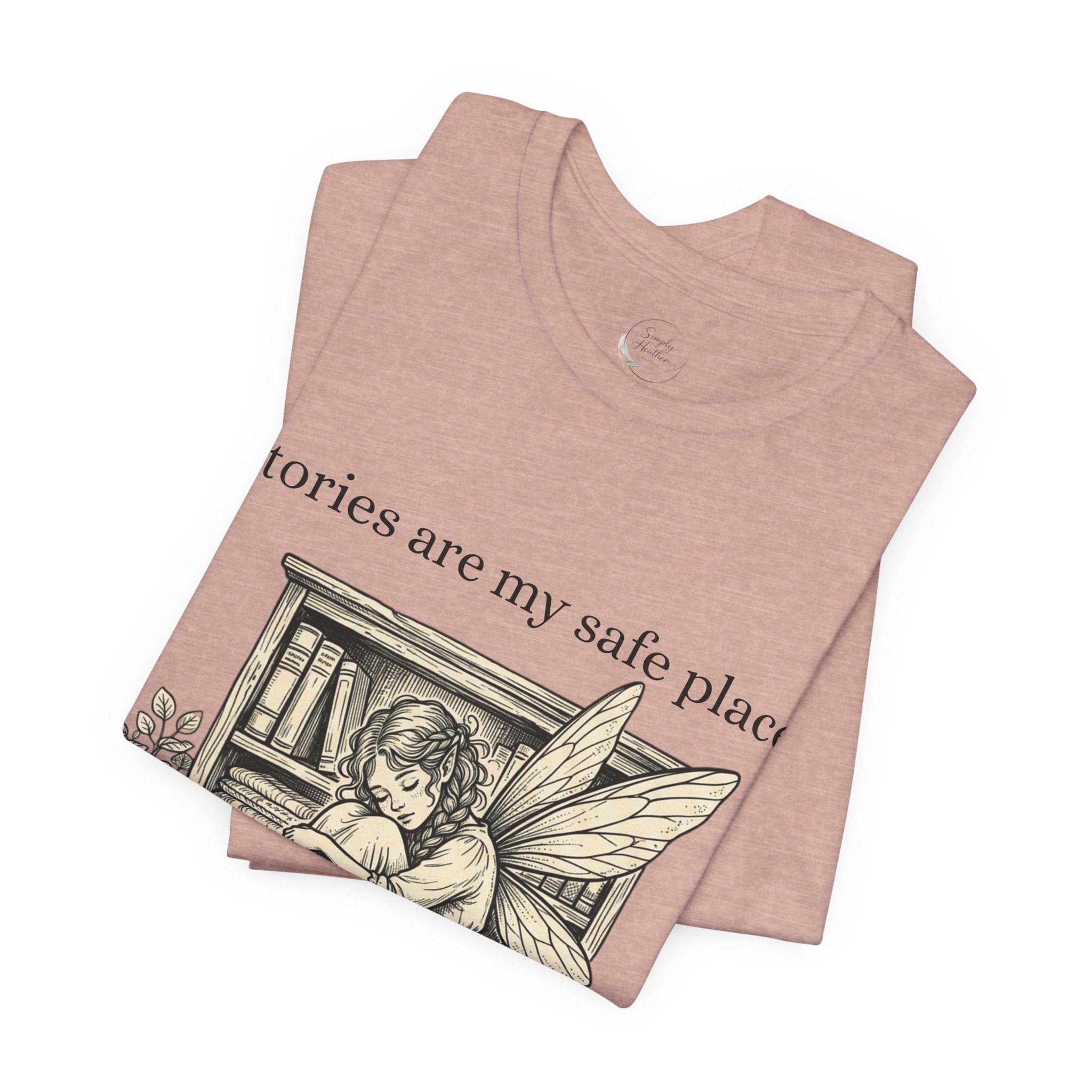 Fairy reading booklover T-shirt featuring "Stories Are My Safe Place" slogan, casual printify brand tee for book enthusiasts.
