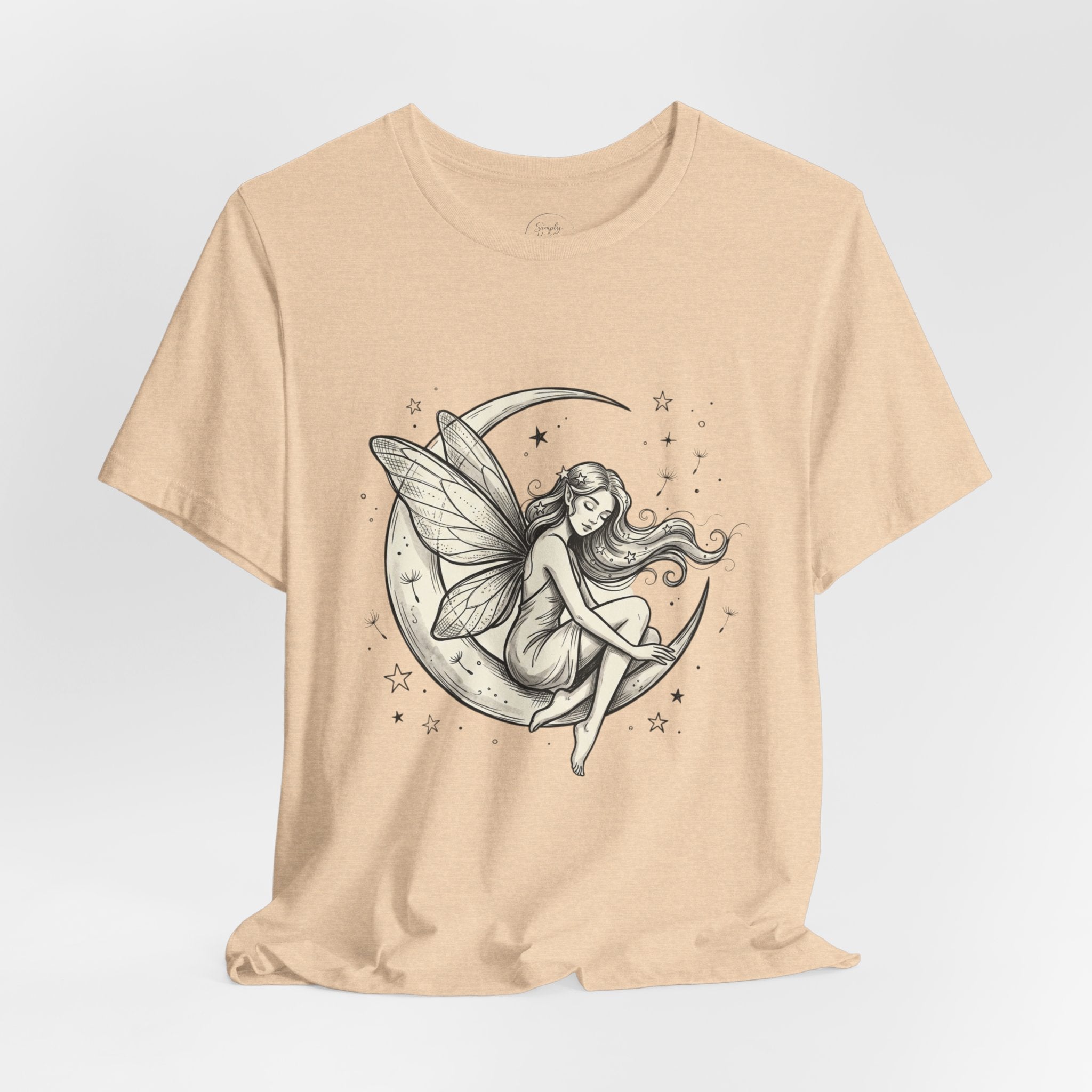 Moon Fairy T-Shirt with whimsical celestial graphic, featuring a fairy and moon design on a casual Printify T-shirt.