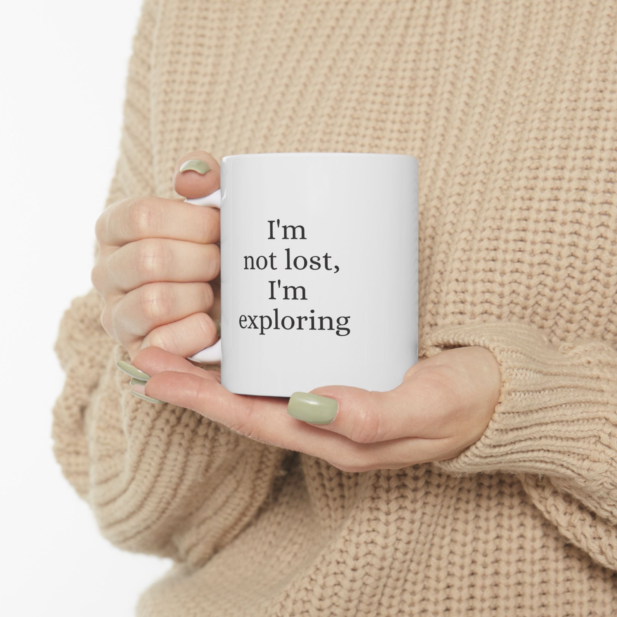 Vintage Woodland Fairy coffee mug with "I'm not lost, I'm exploring" phrase, featuring whimsical fairy design, by Printify.