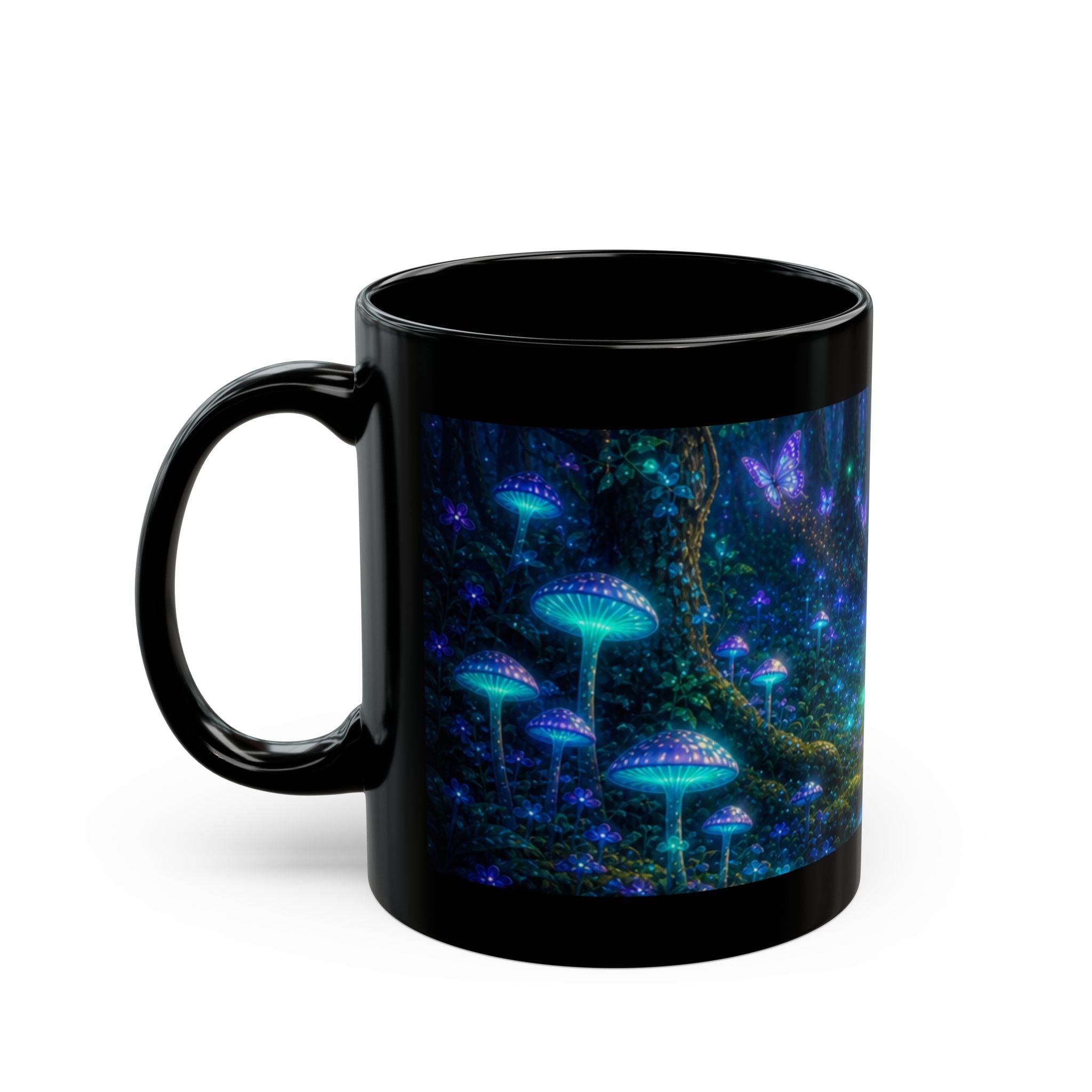 Mystical Forest Mushroom Black Mug – Glowing Fantasy Nightscape Coffee Cup (11oz/15oz) Printify