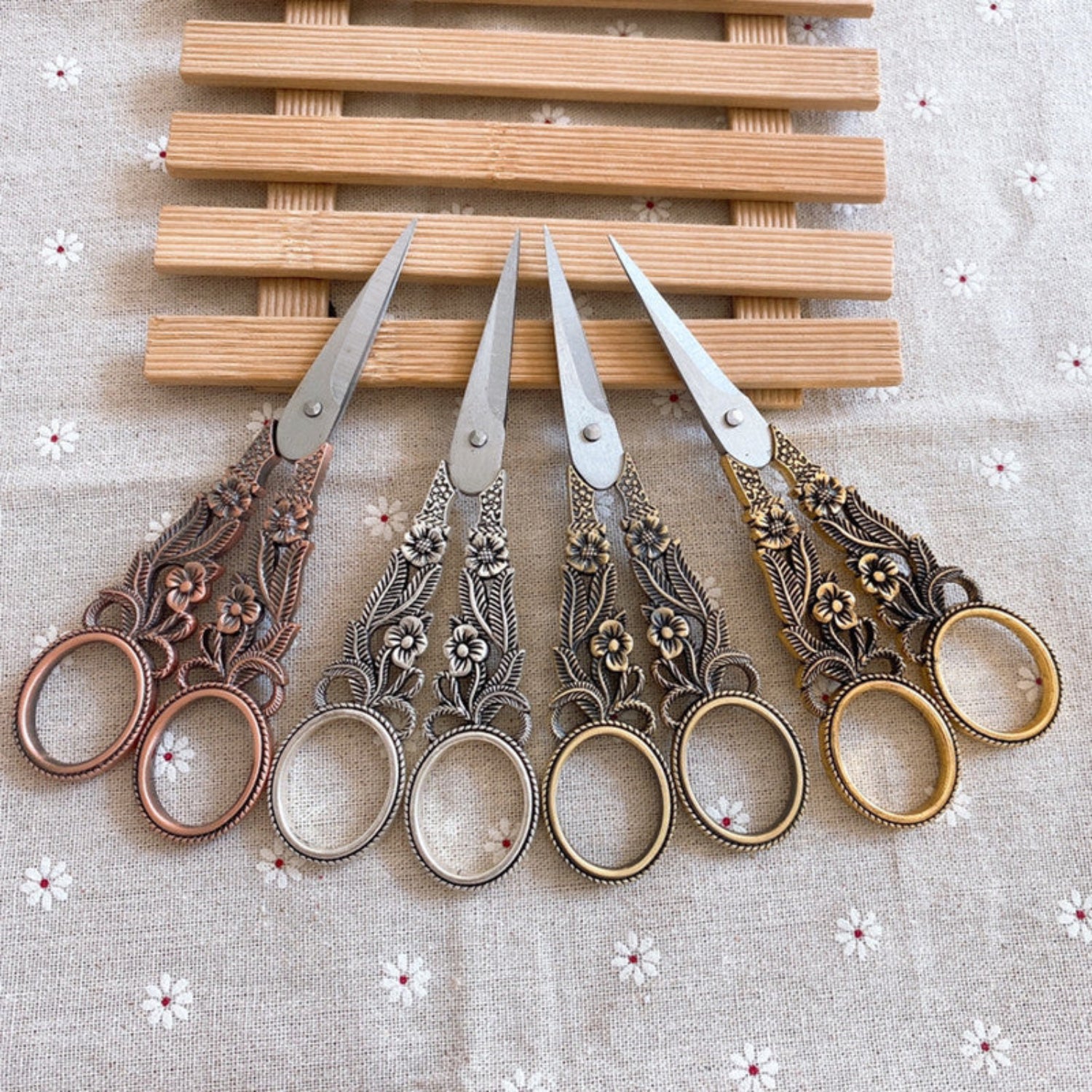 Set of four ornate vintage daffodil design craft scissors by 24 Hour Crafts, perfect for embroidery and floral sewing projects.