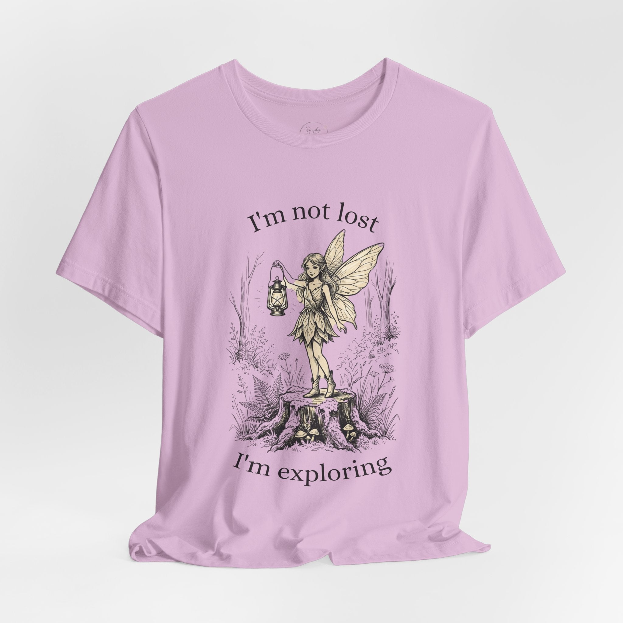Printify Fairy Exploration T-Shirt with "I'm Not Lost, I'm Exploring" graphic design, casual unisex tee for outdoor adventures.
