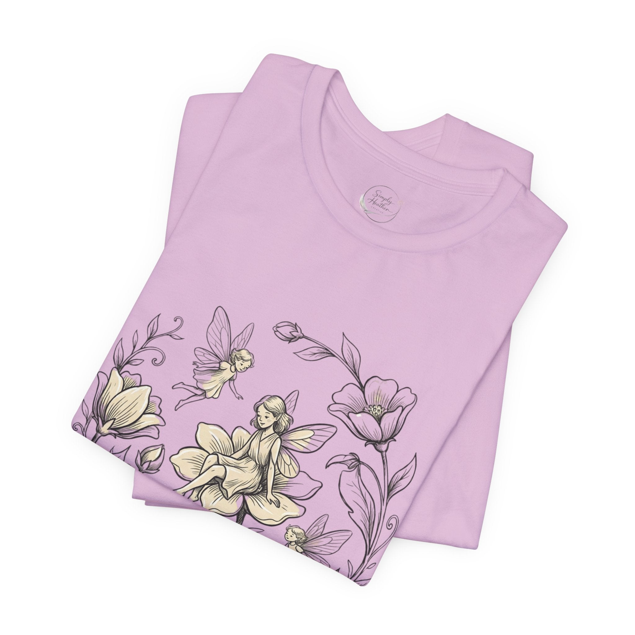Vintage floral fairy garden T-shirt by Printify featuring botanical flower and fairy graphic on soft fabric.
