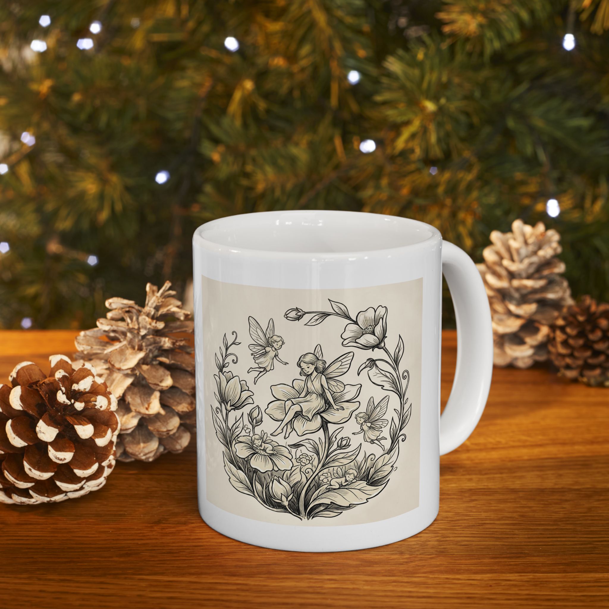 Printify floral fairy ceramic mug with vintage botanical design, available in 11oz and 15oz sizes.