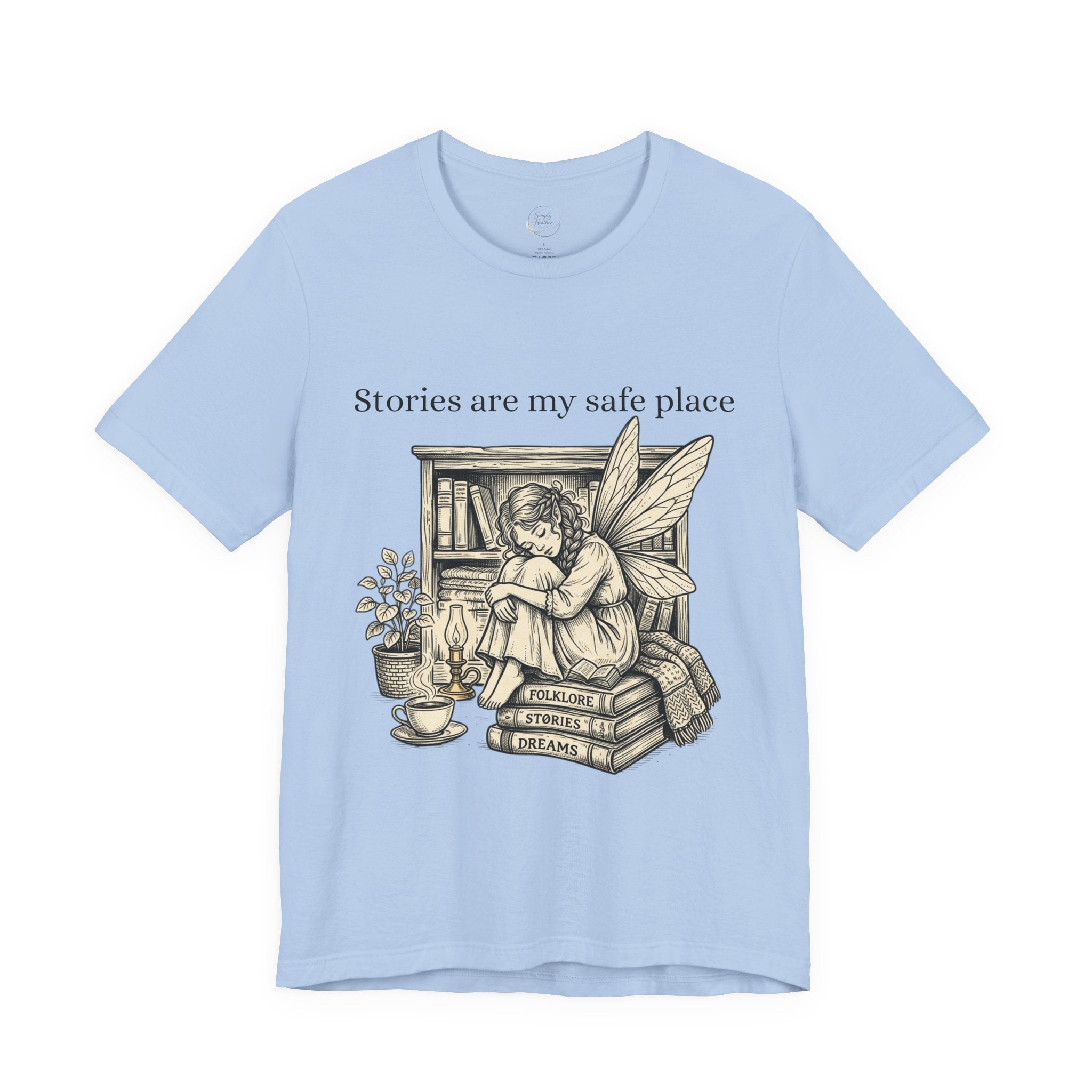 Fairy reading booklover T-shirt featuring "Stories Are My Safe Place" slogan, casual printify graphic tee for book enthusiasts